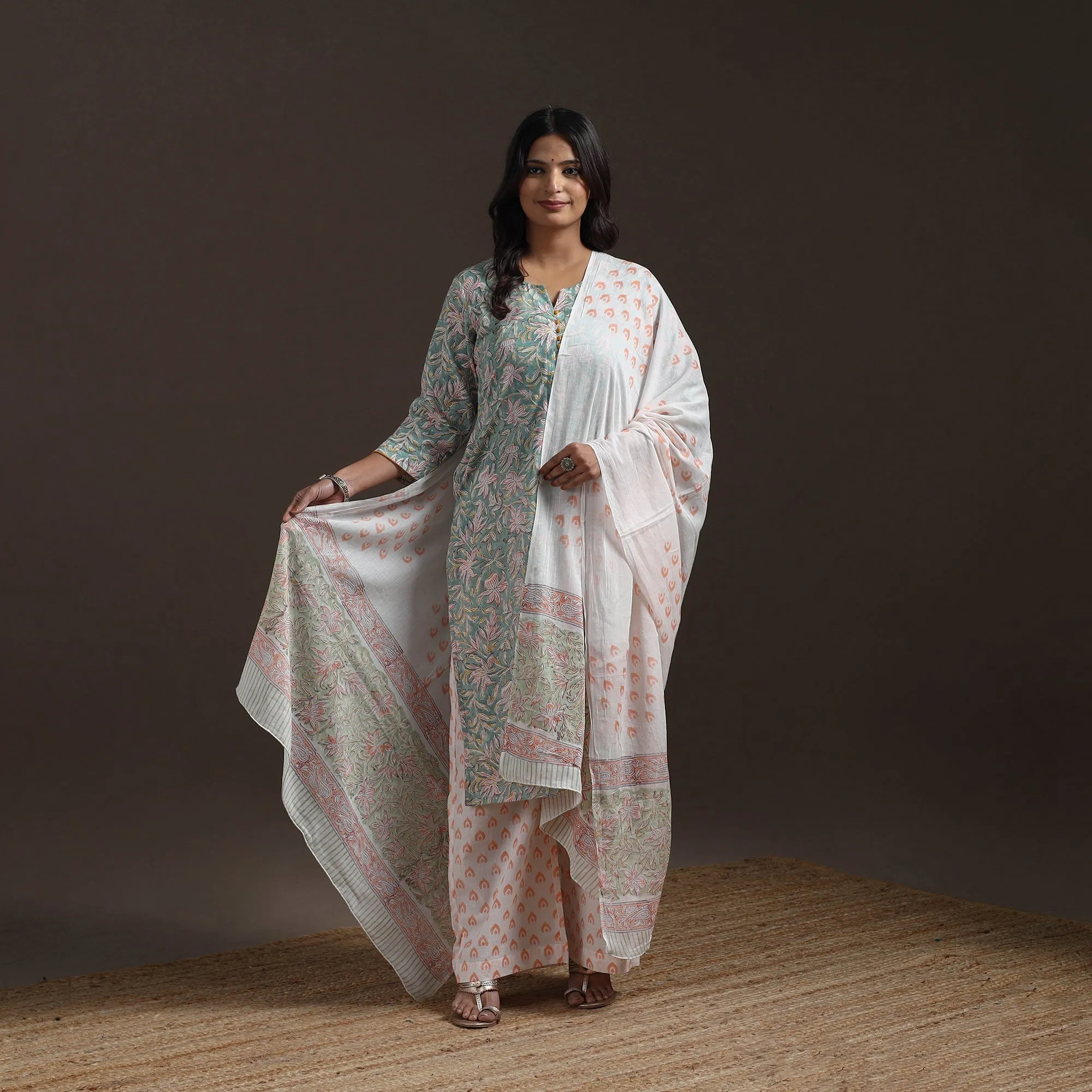 Green - Hand Block Print Cotton Sanganeri Suit Set with Dupatta for women 05 sold by Itokri product image thumbnail 2