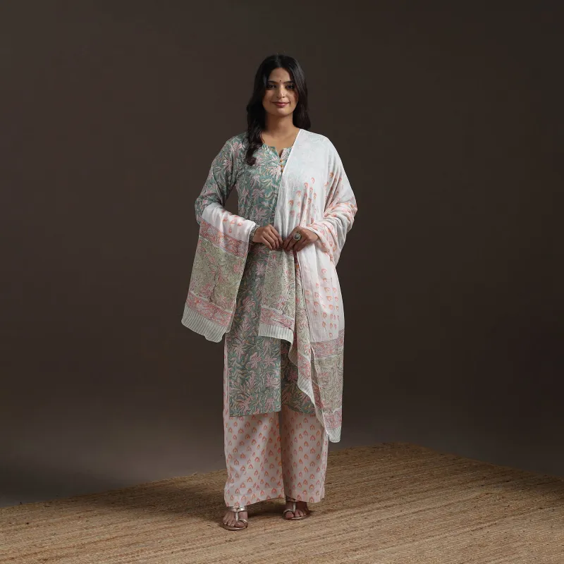 Green - Hand Block Print Cotton Sanganeri Suit Set with Dupatta for women 05 made by Itokri