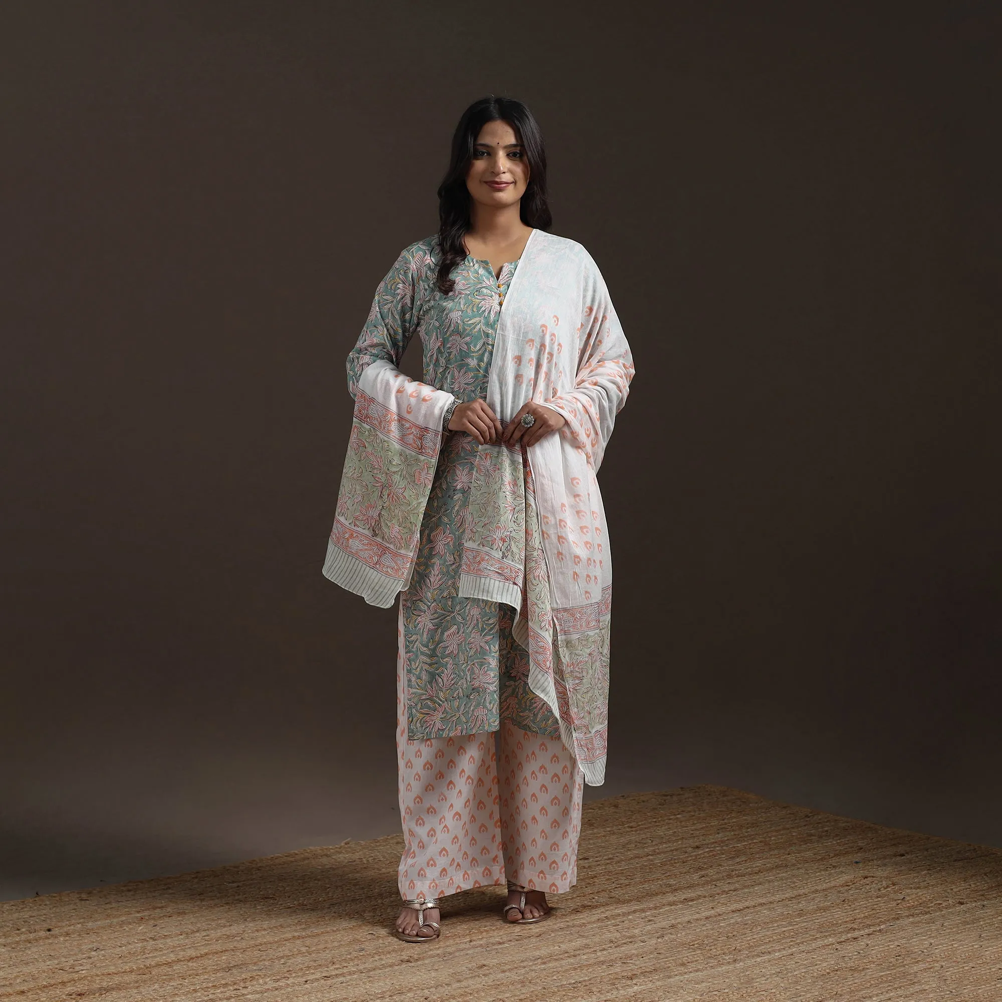 Green - Hand Block Print Cotton Sanganeri Suit Set with Dupatta for women 05 sold by Itokri