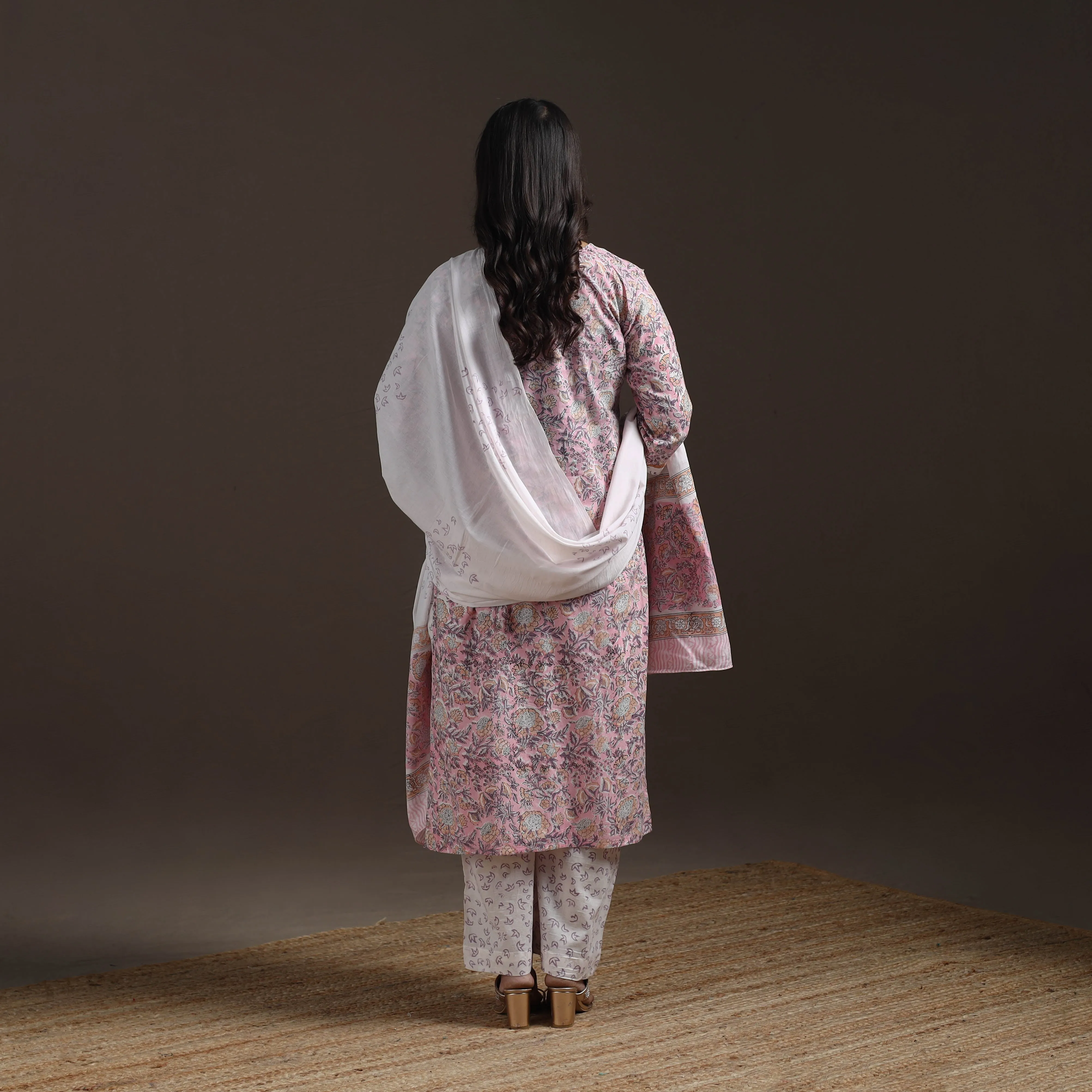 Pink - Hand Embroidered Block Print Cotton Sanganeri Suit Set with Dupatta for women 06 sold by Itokri product image thumbnail 4