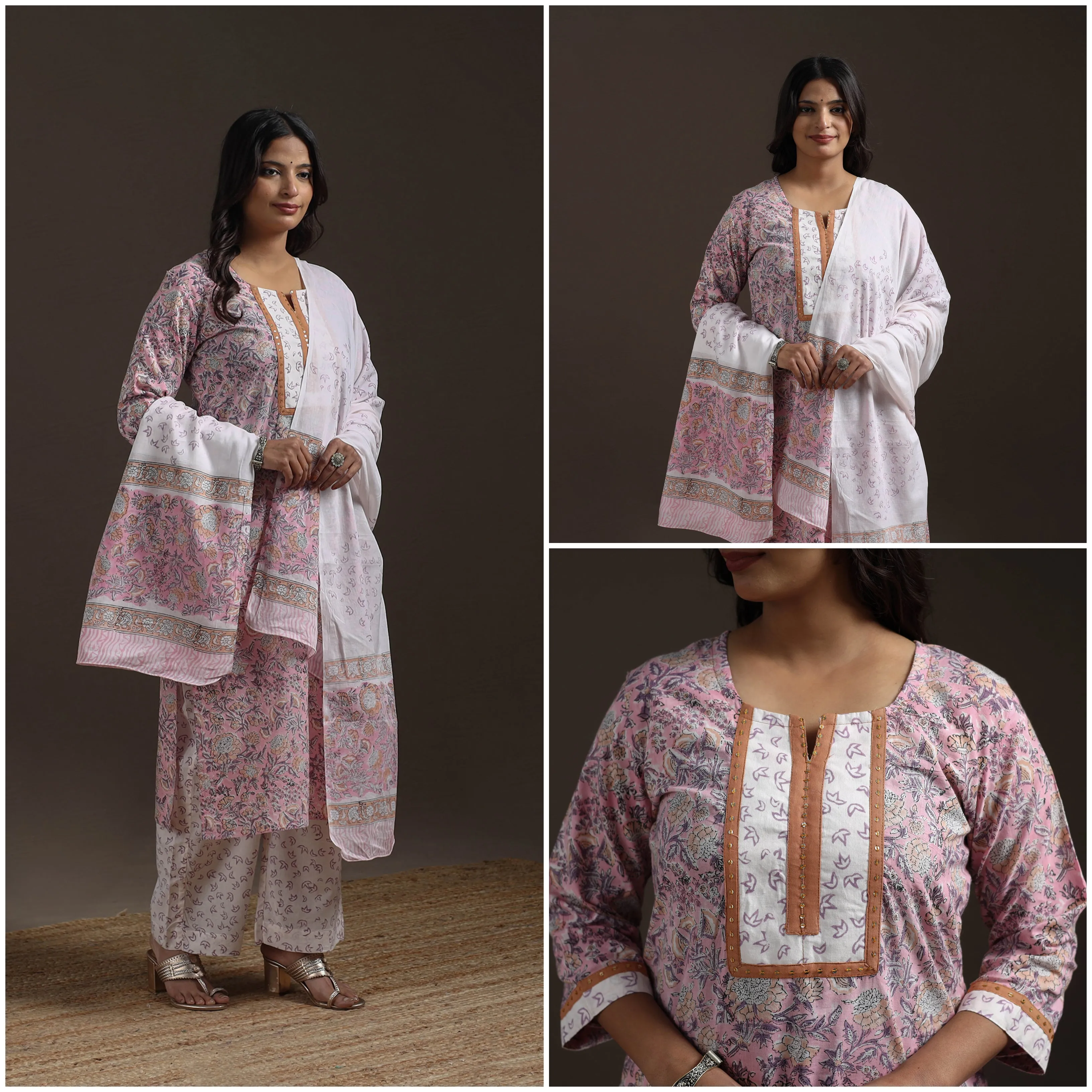 Pink - Hand Embroidered Block Print Cotton Sanganeri Suit Set with Dupatta for women 06 sold by Itokri product image thumbnail 3