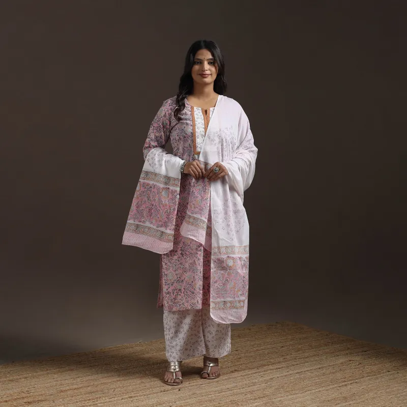 Pink - Hand Embroidered Block Print Cotton Sanganeri Suit Set with Dupatta for women 06 sold by Itokri