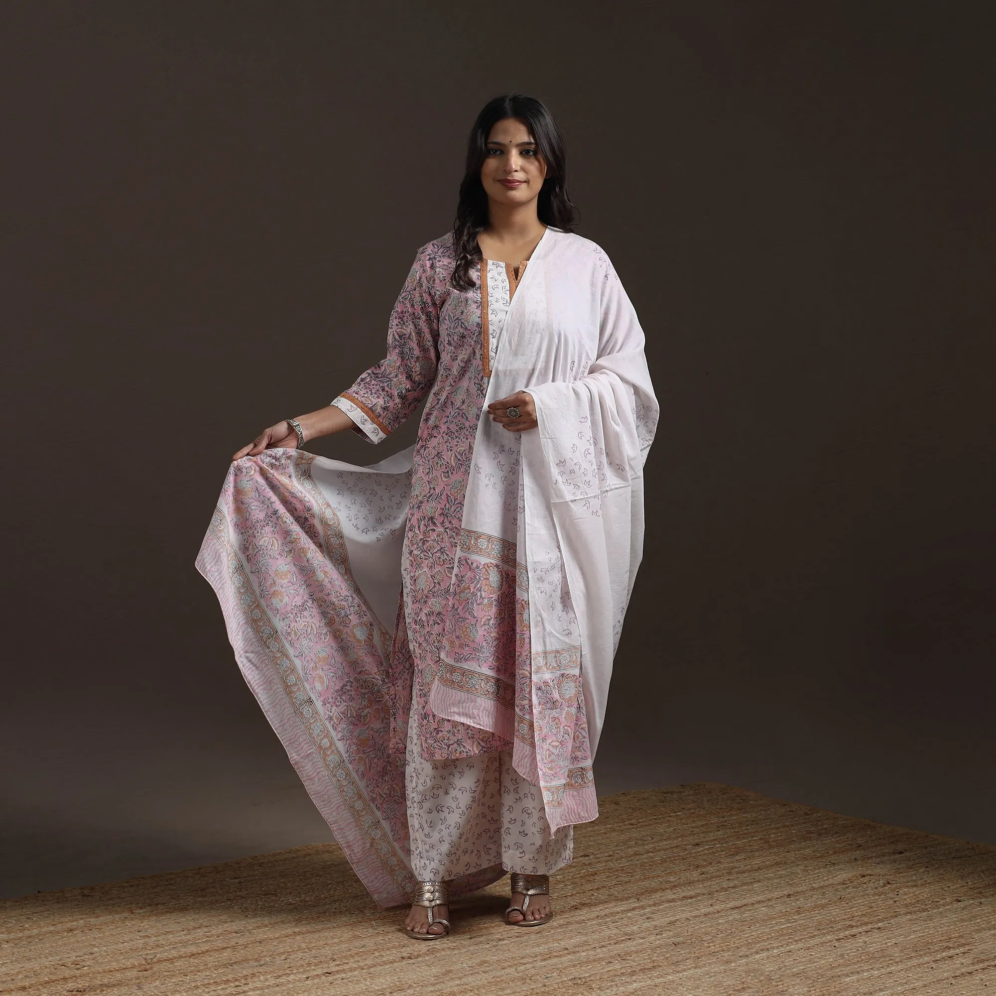 Pink - Hand Embroidered Block Print Cotton Sanganeri Suit Set with Dupatta for women 06 sold by Itokri product image thumbnail 2