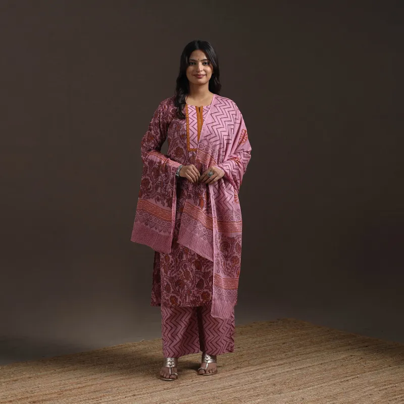 Pink - Hand Embroidered Block Print Cotton Sanganeri Suit Set with Dupatta for women 07 sold by Itokri