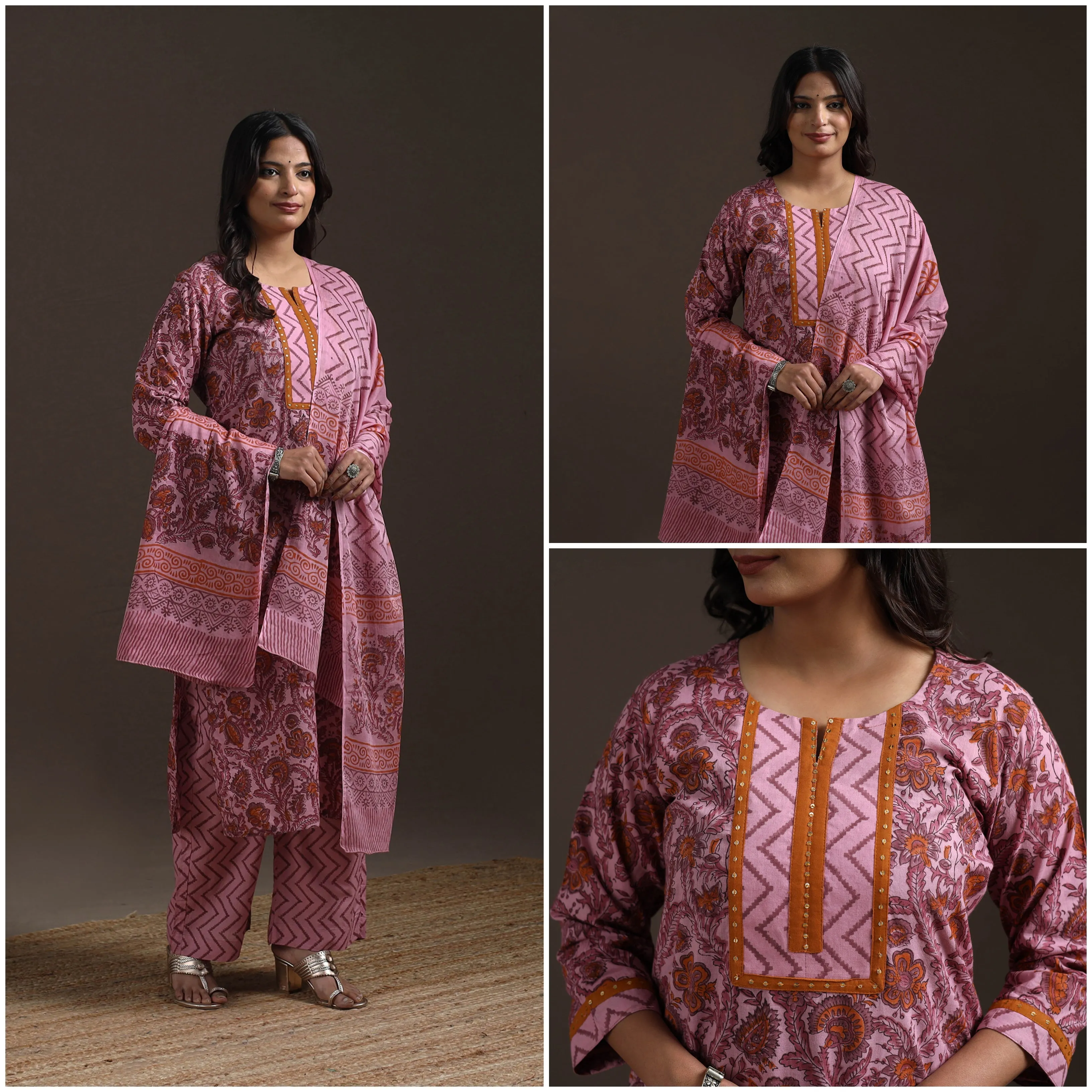 Pink - Hand Embroidered Block Print Cotton Sanganeri Suit Set with Dupatta for women 07 sold by Itokri product image thumbnail 3