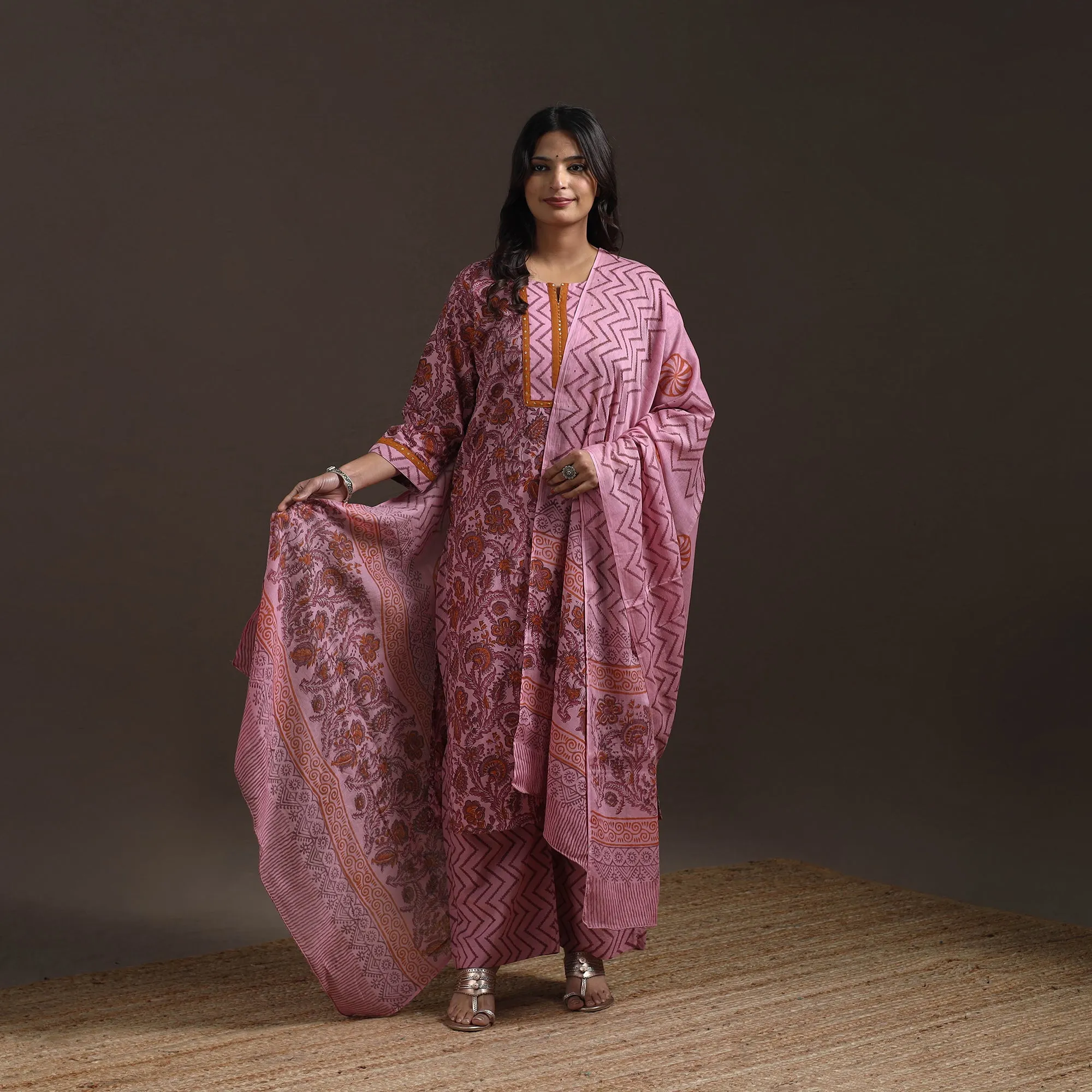 Pink - Hand Embroidered Block Print Cotton Sanganeri Suit Set with Dupatta for women 07 sold by Itokri product image thumbnail 2