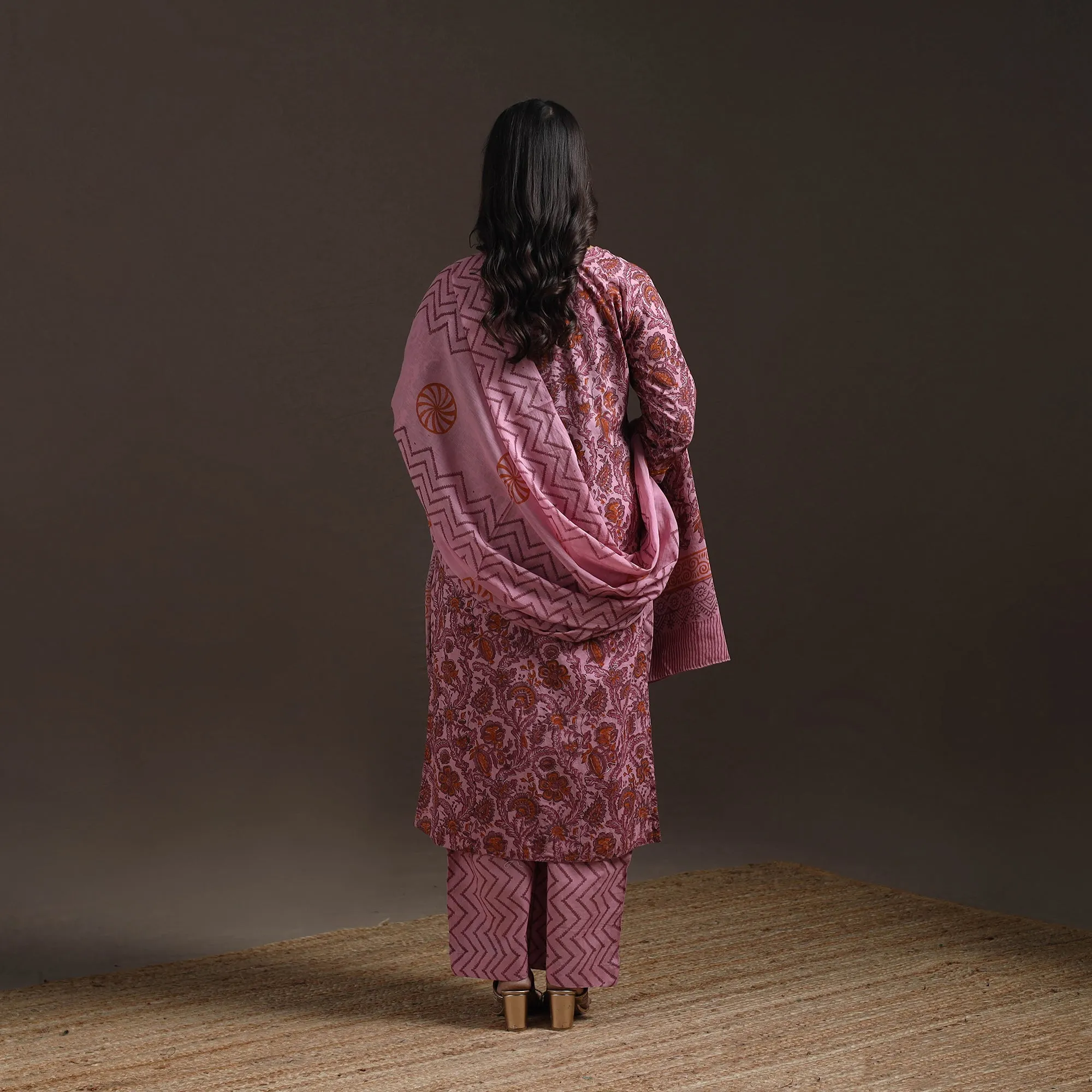 Pink - Hand Embroidered Block Print Cotton Sanganeri Suit Set with Dupatta for women 07 sold by Itokri product image thumbnail 4