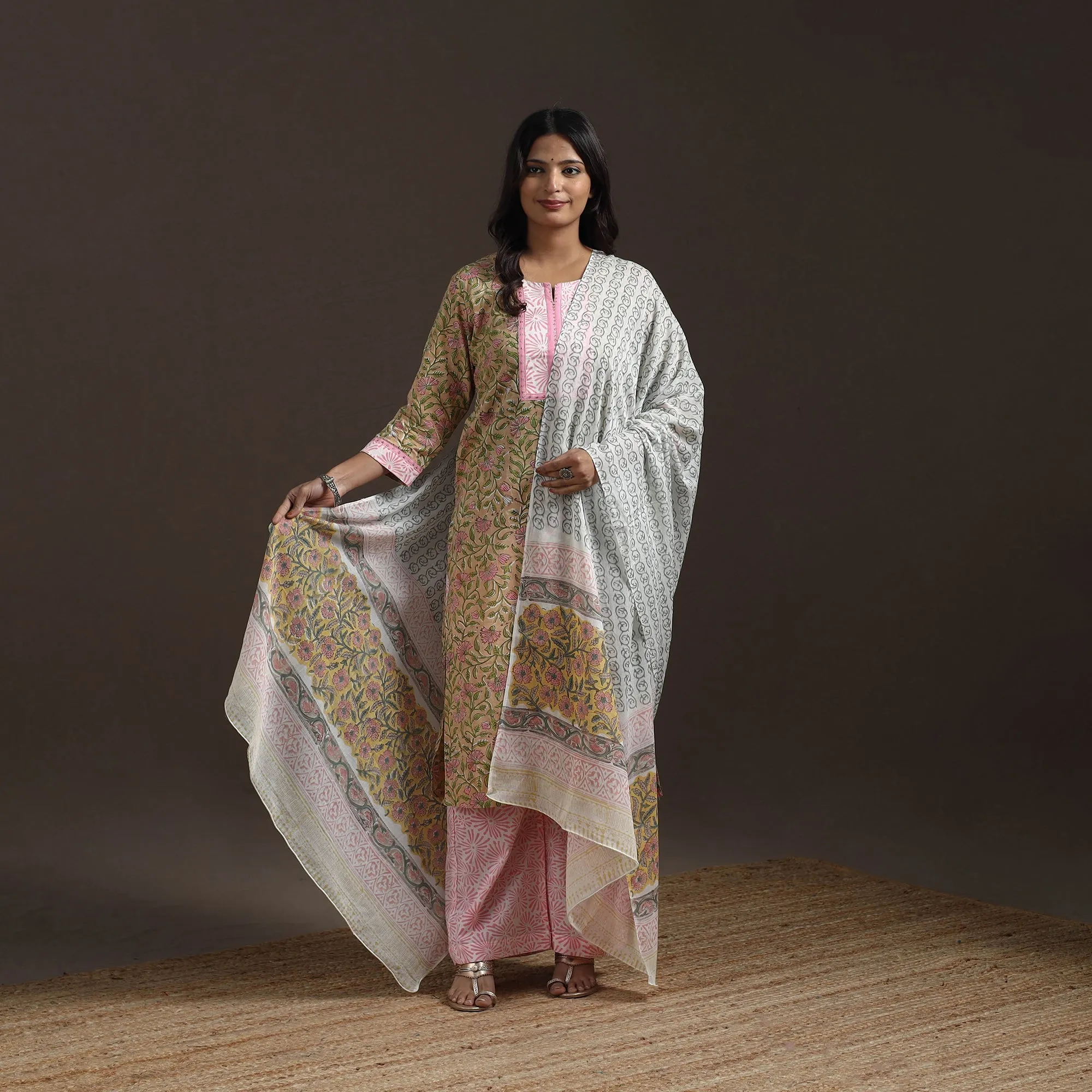 Yellow - Hand Embroidered Block Print Cotton Sanganeri Suit Set with Dupatta for women 08 sold by Itokri product image thumbnail 2