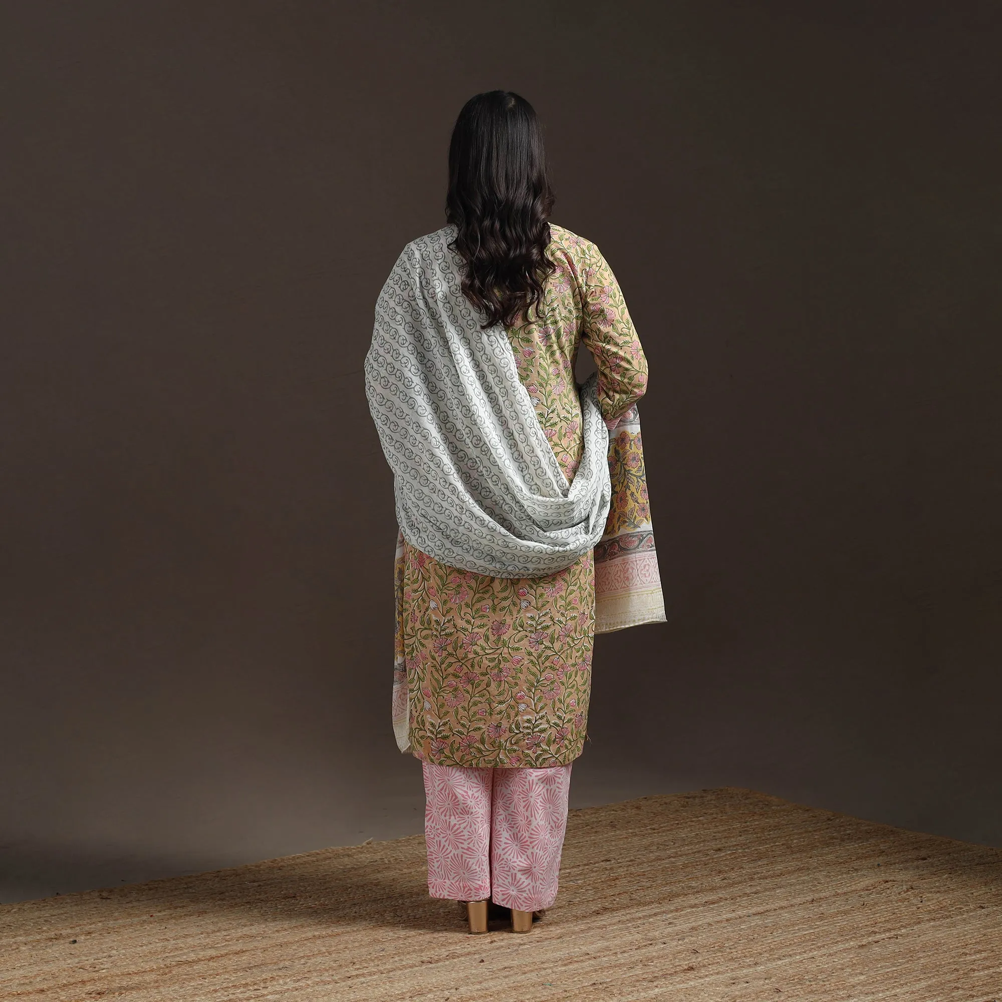 Yellow - Hand Embroidered Block Print Cotton Sanganeri Suit Set with Dupatta for women 08 sold by Itokri product image thumbnail 4