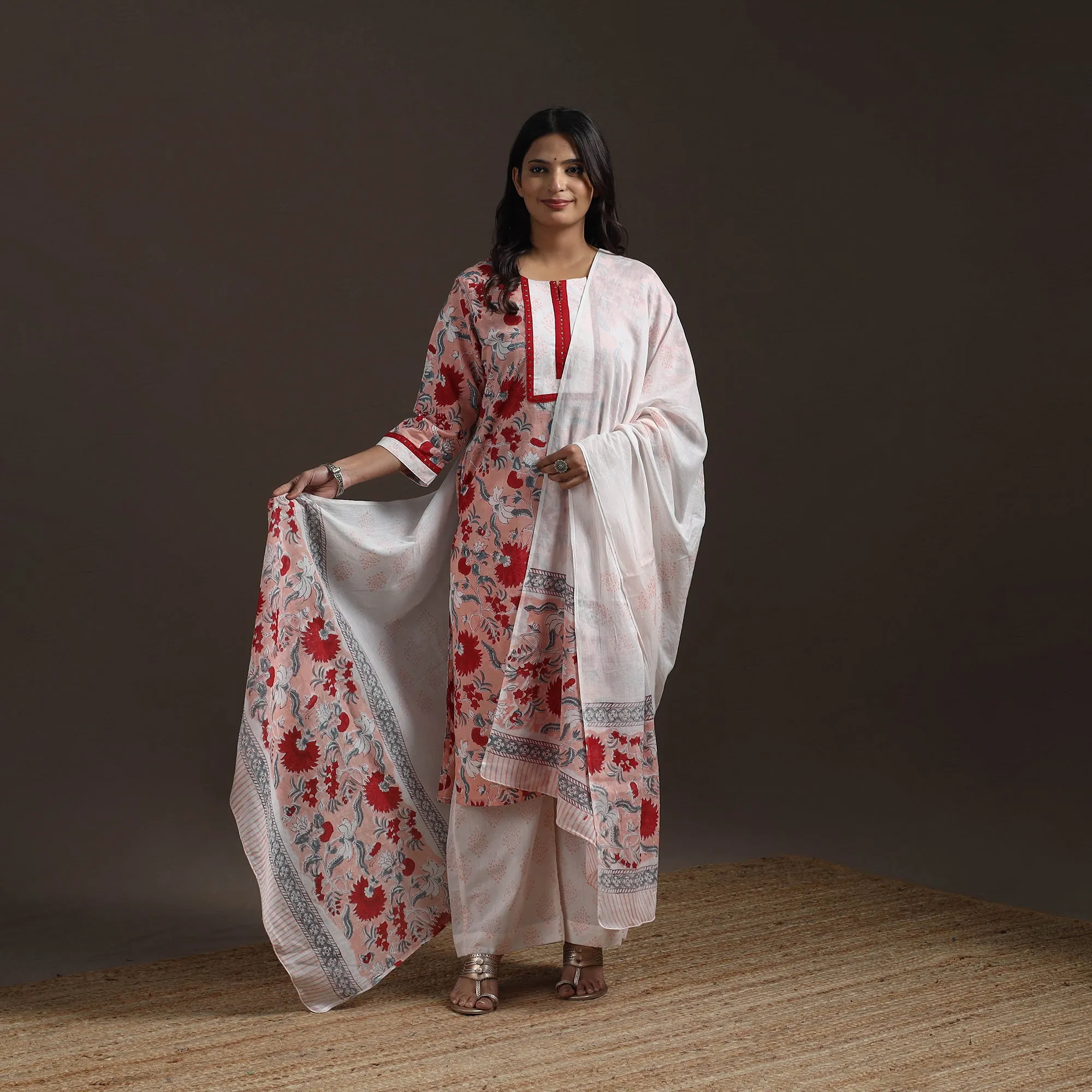 Pink - Hand Embroidered Block Print Cotton Sanganeri Suit Set with Dupatta for women 10 sold by Itokri product image thumbnail 2