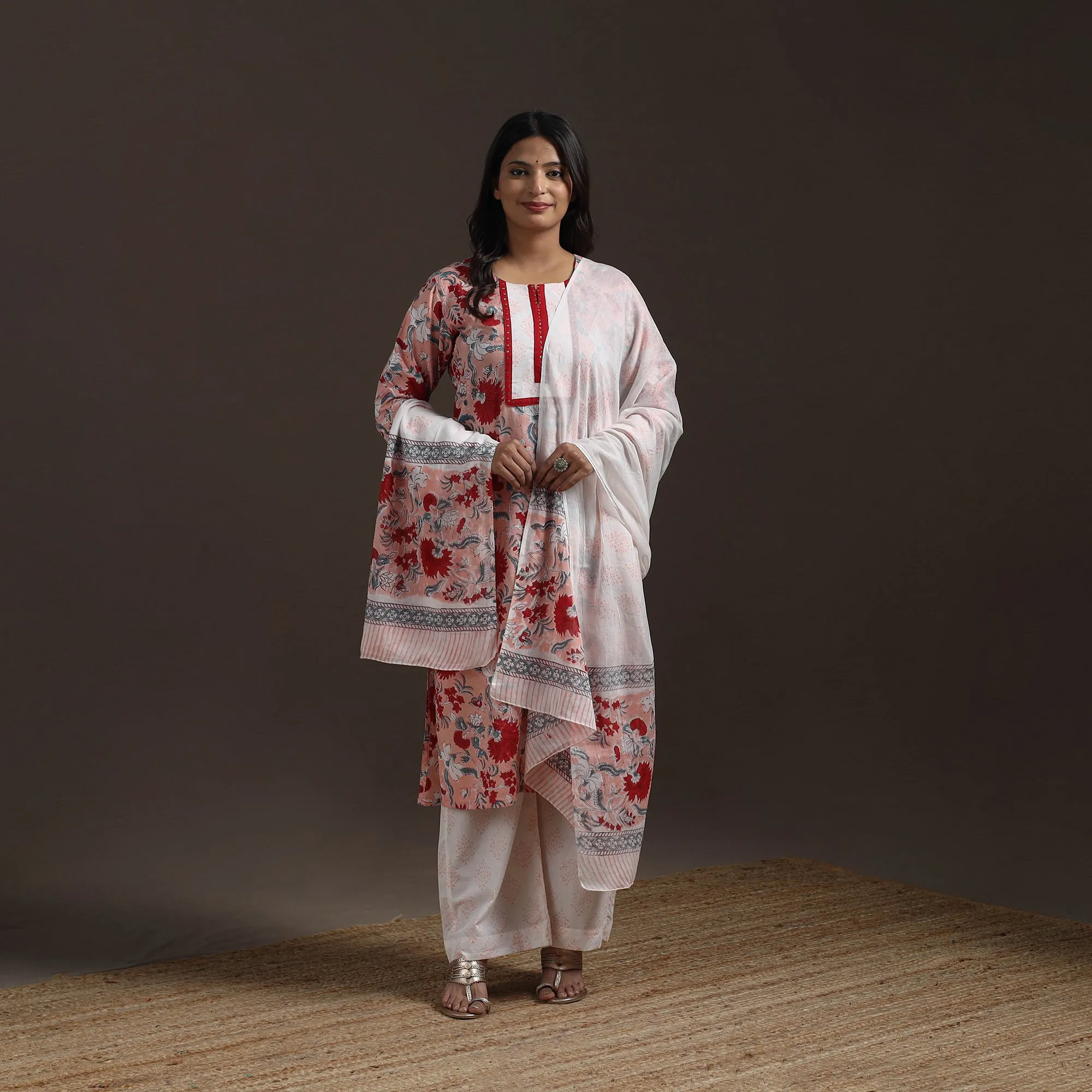 Pink - Hand Embroidered Block Print Cotton Sanganeri Suit Set with Dupatta for women 10 sold by Itokri