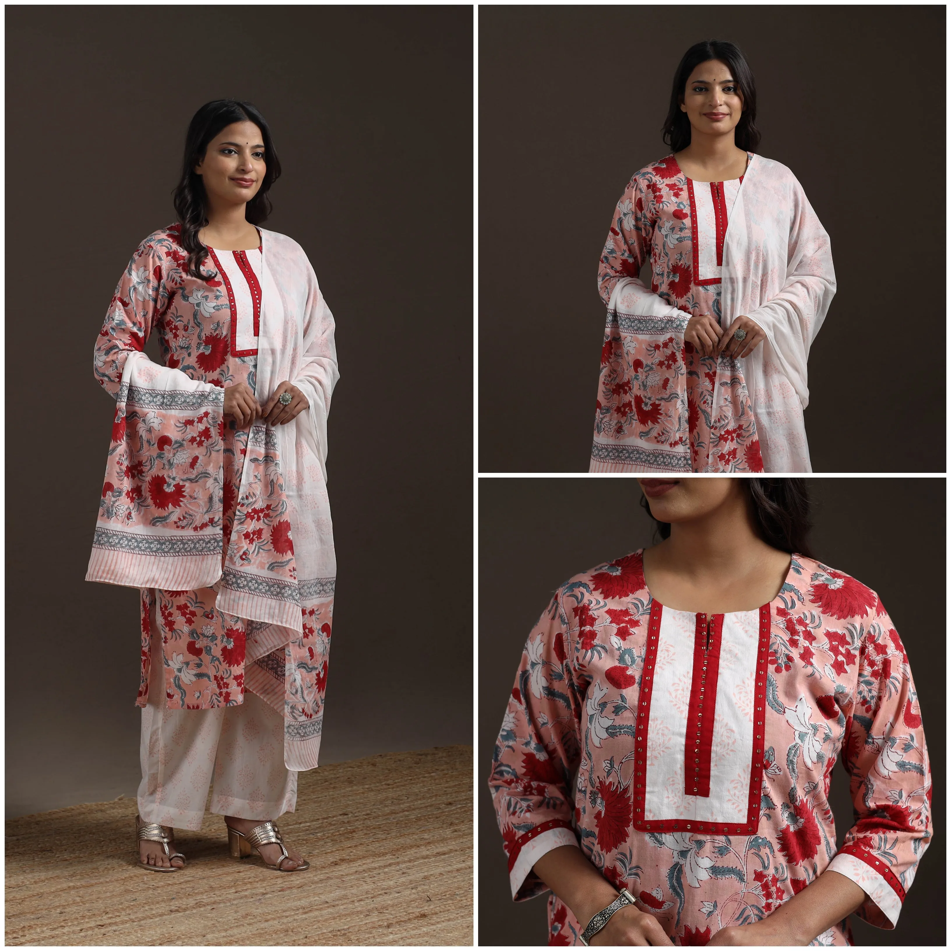 Pink - Hand Embroidered Block Print Cotton Sanganeri Suit Set with Dupatta for women 10 sold by Itokri product image thumbnail 3