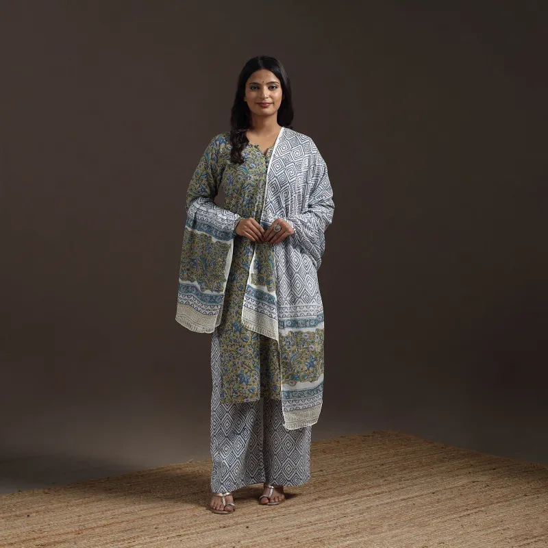 Green - Hand Block Print Cotton Sanganeri Suit Set with Dupatta for women 02 sold by Itokri