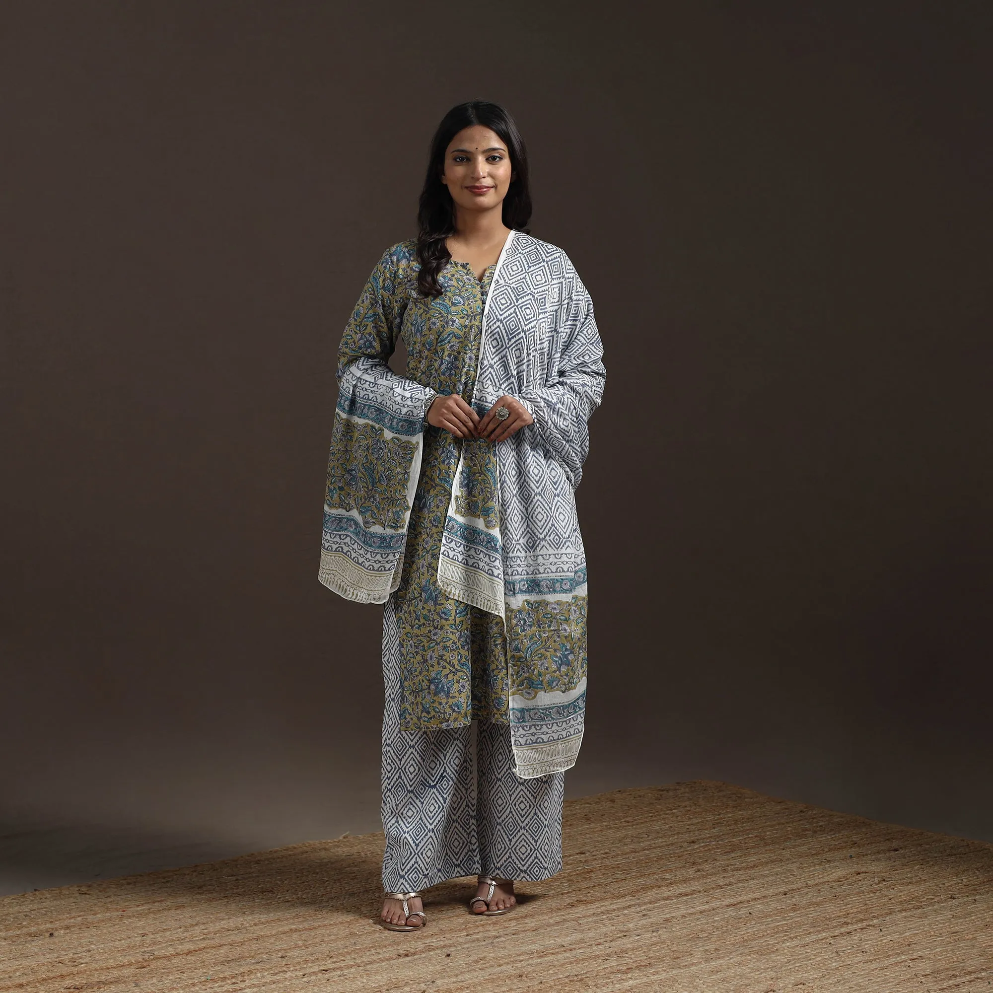 Green - Hand Block Print Cotton Sanganeri Suit Set with Dupatta for women 02 sold by Itokri