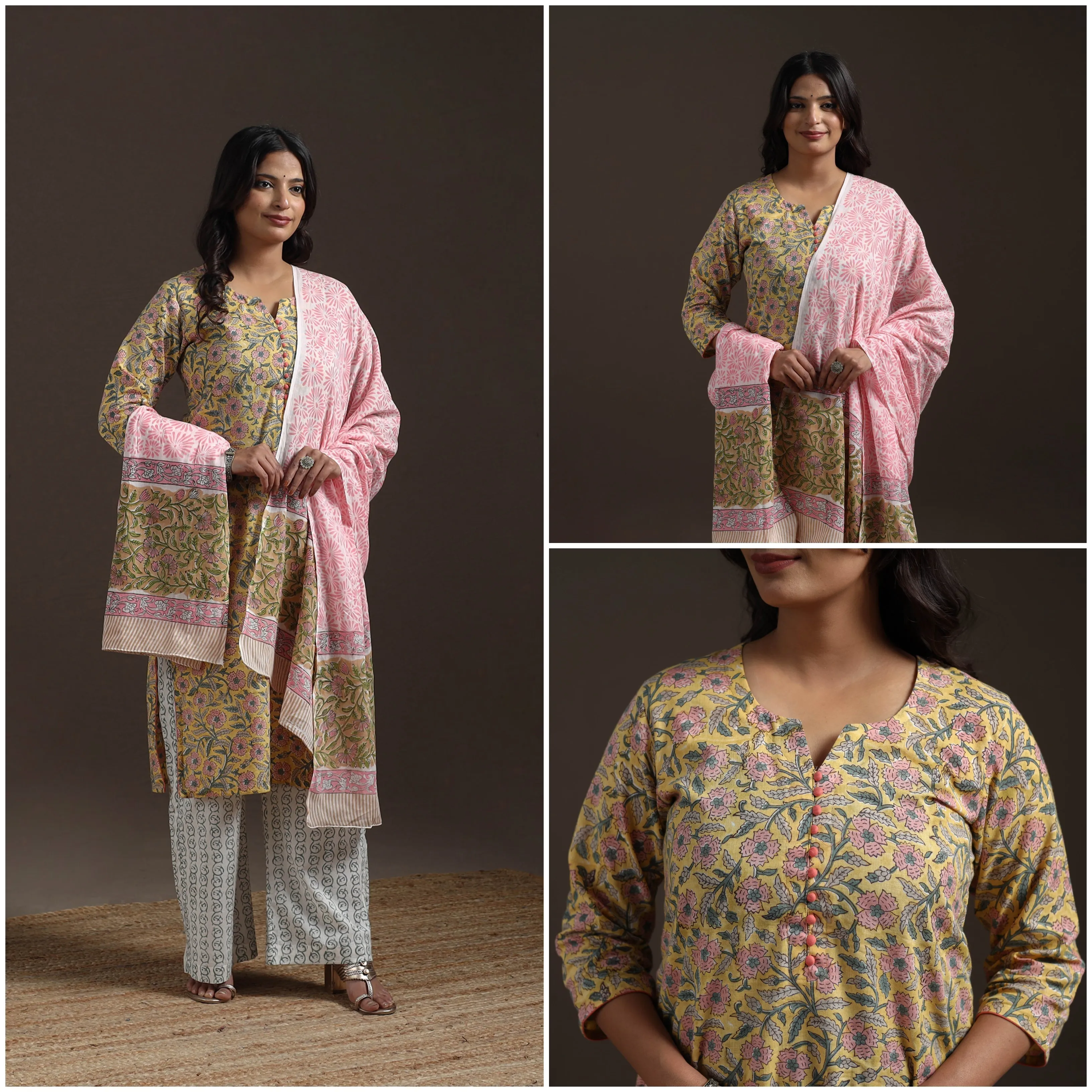 Yellow - Hand Block Print Cotton Sanganeri Suit Set with Dupatta for women 01 sold by Itokri product image thumbnail 3