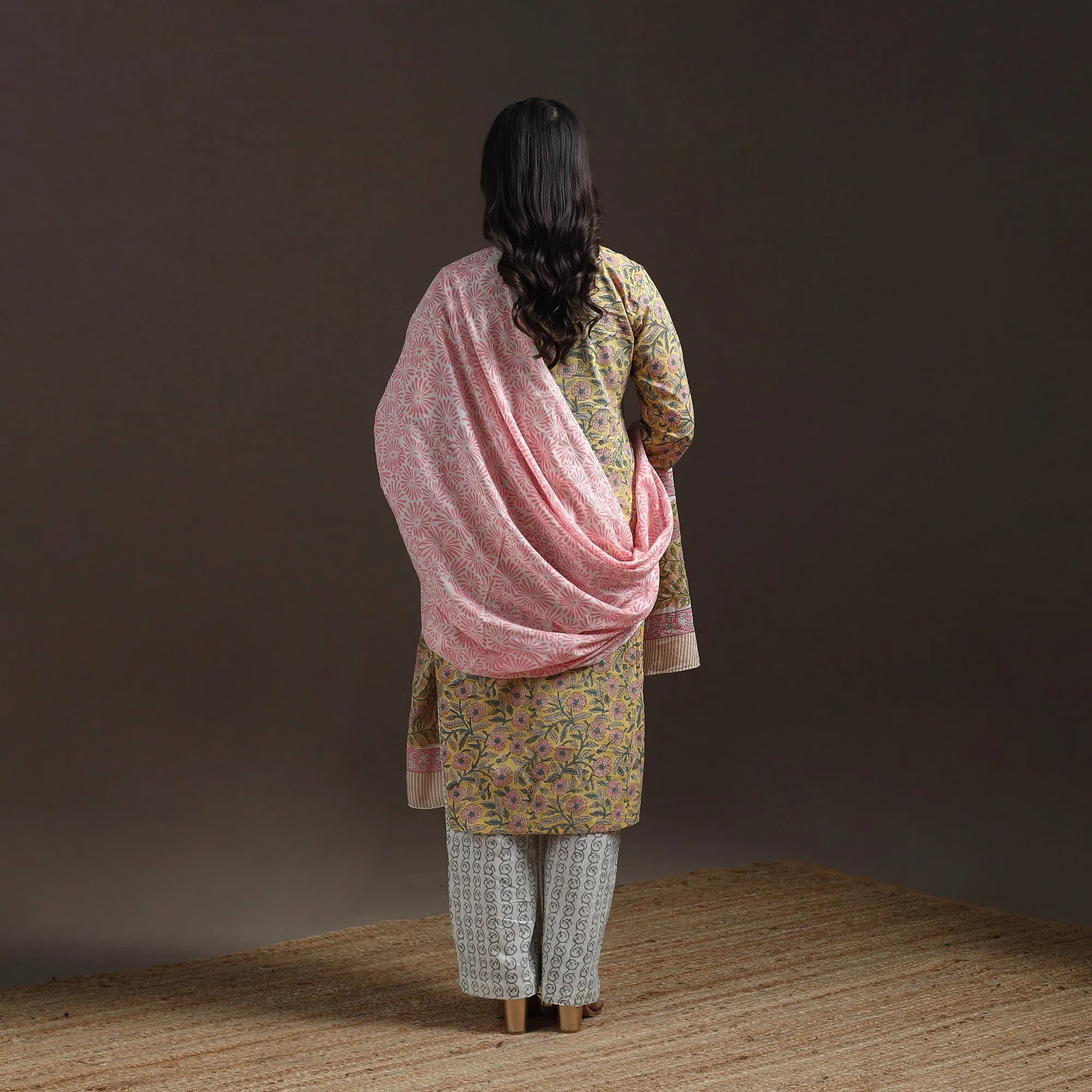 Yellow - Hand Block Print Cotton Sanganeri Suit Set with Dupatta for women 01 sold by Itokri product image thumbnail 4