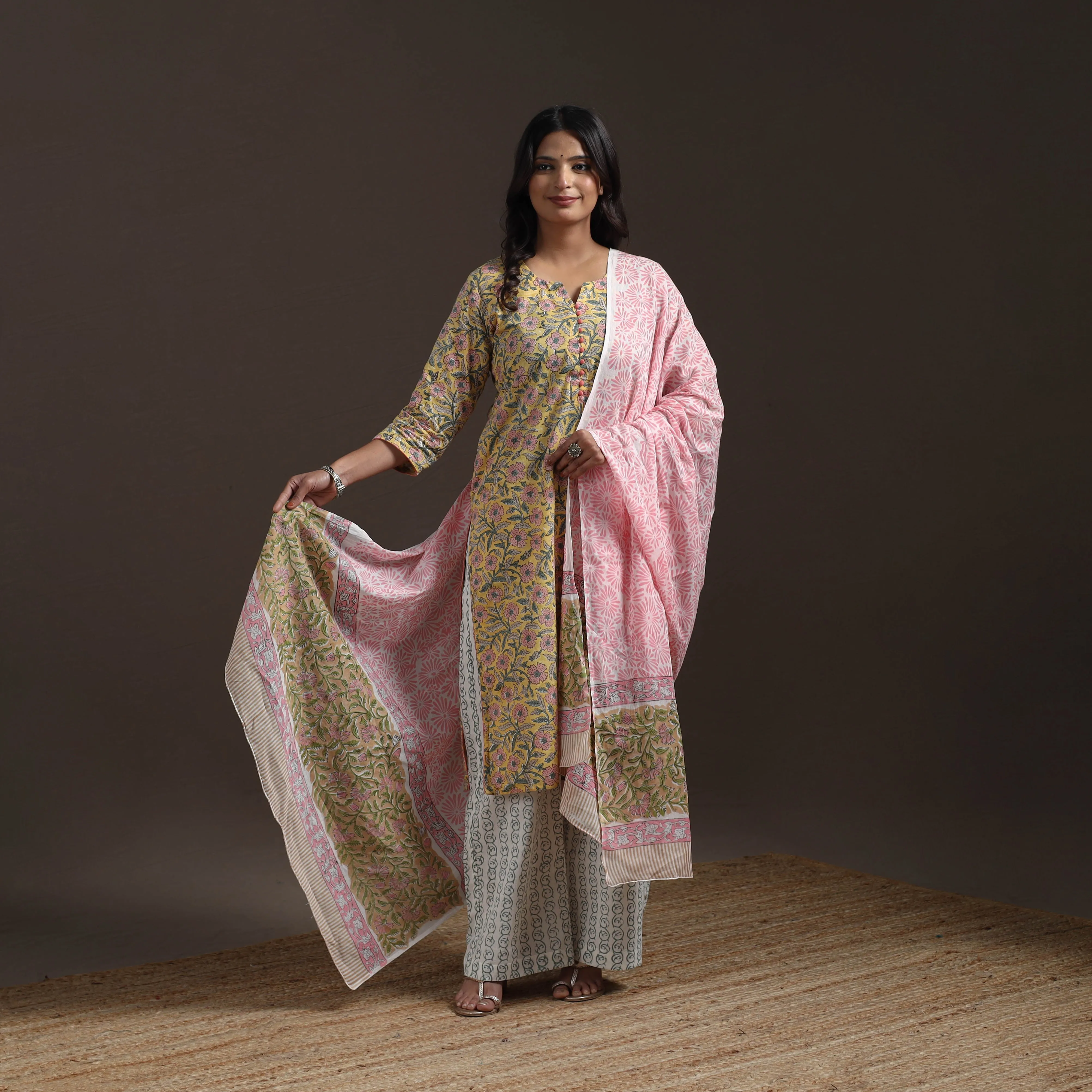 Yellow - Hand Block Print Cotton Sanganeri Suit Set with Dupatta for women 01 sold by Itokri product image thumbnail 2