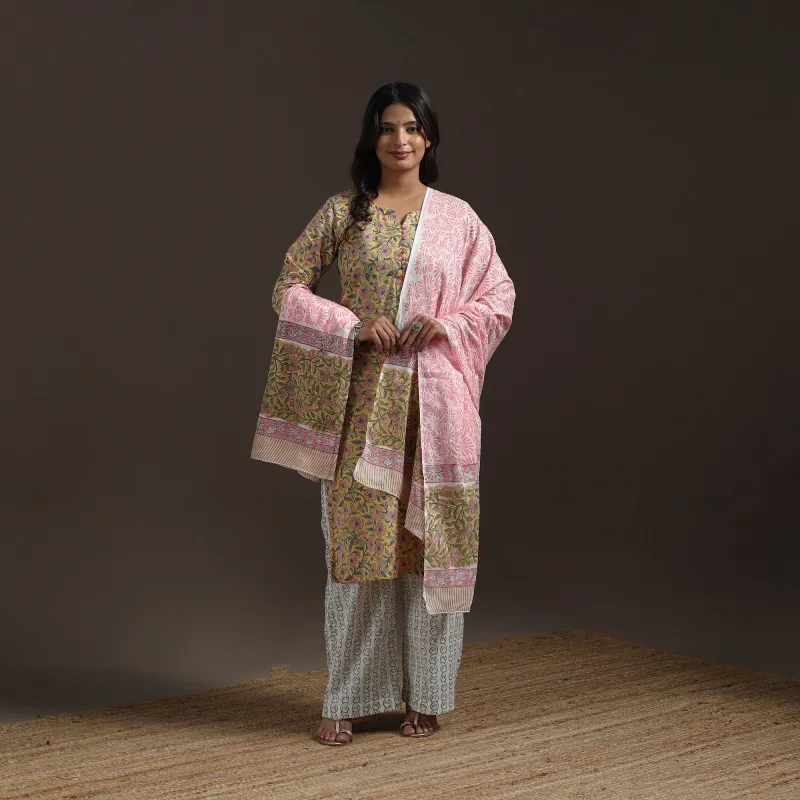 Yellow - Hand Block Print Cotton Sanganeri Suit Set with Dupatta for women 01 sold by Itokri