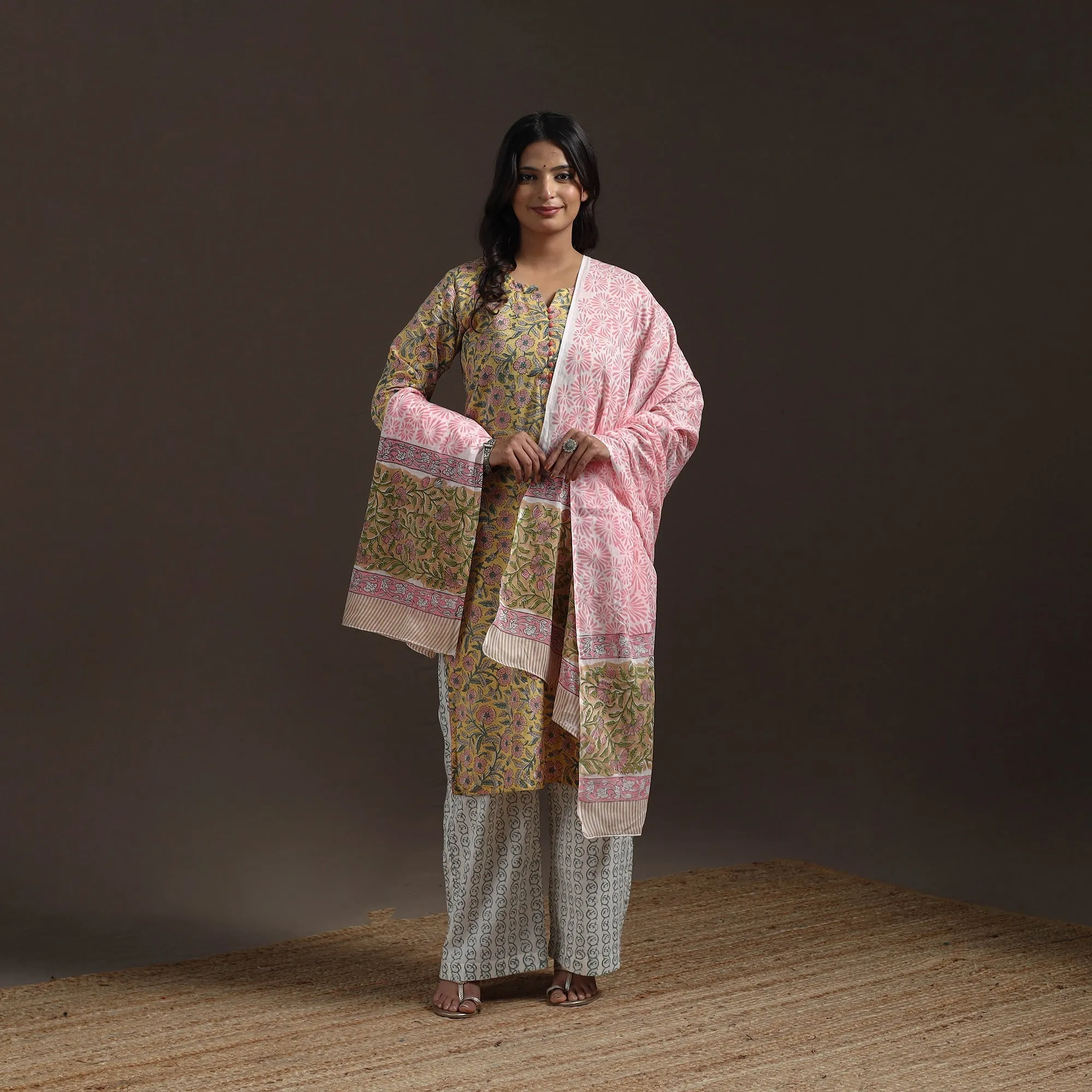 Yellow - Hand Block Print Cotton Sanganeri Suit Set with Dupatta for women 01 sold by Itokri