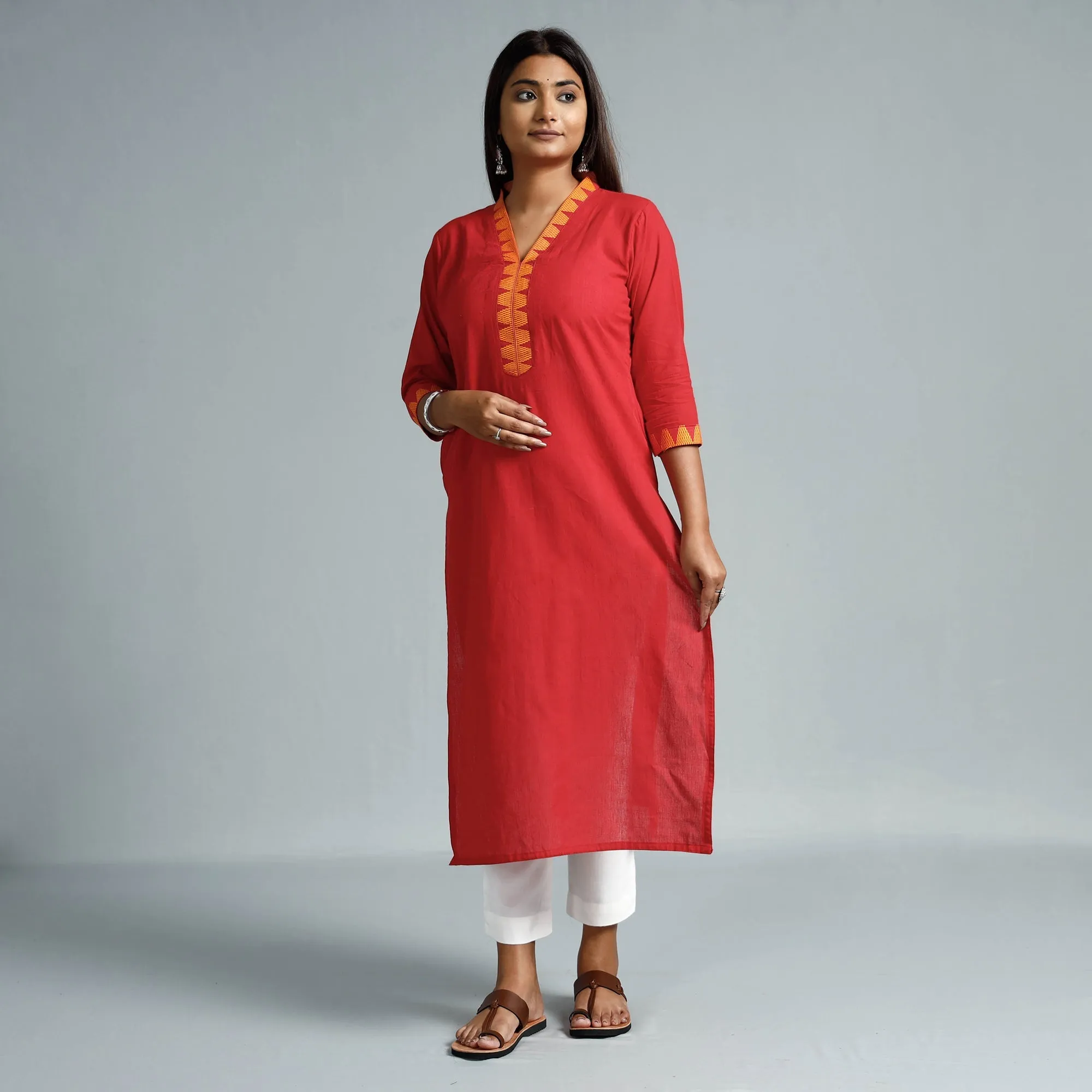 Fire Brick Red - Dharwad Cotton Long Straight Kurta sold by Itokri product image thumbnail 3