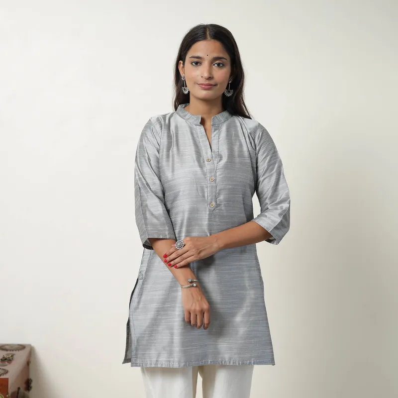 Raha Grey Slub Silk Short Plain Kurta made by Itokri