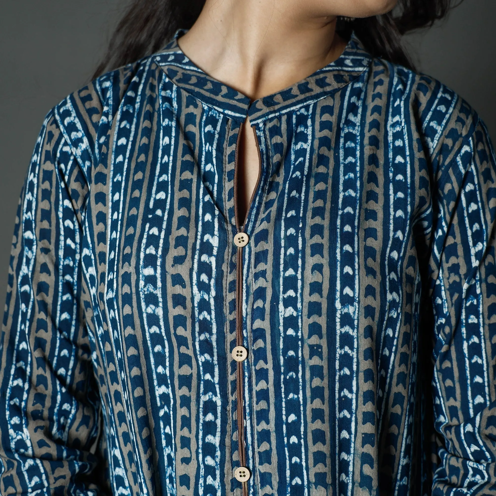 Blue - Pipad Block Printed Cotton Long Kurta sold by Itokri product image thumbnail 4