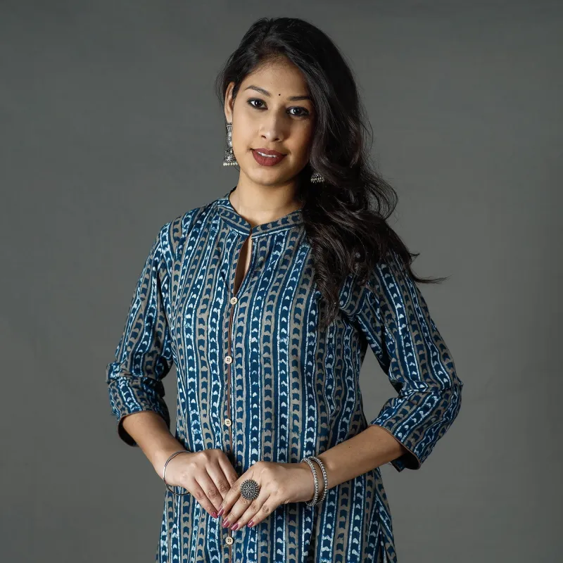 Blue - Pipad Block Printed Cotton Long Kurta sold by Itokri