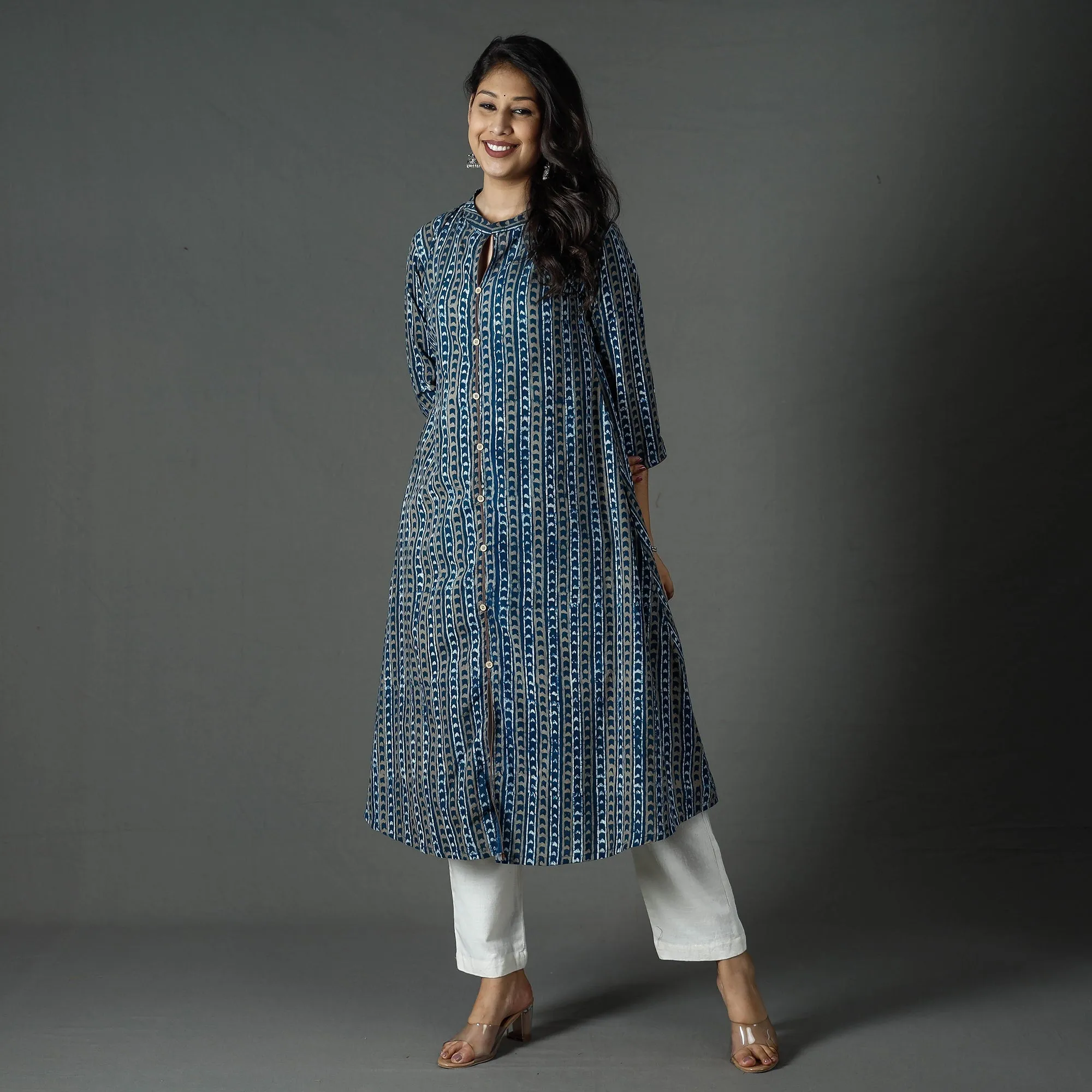 Blue - Pipad Block Printed Cotton Long Kurta sold by Itokri product image thumbnail 2