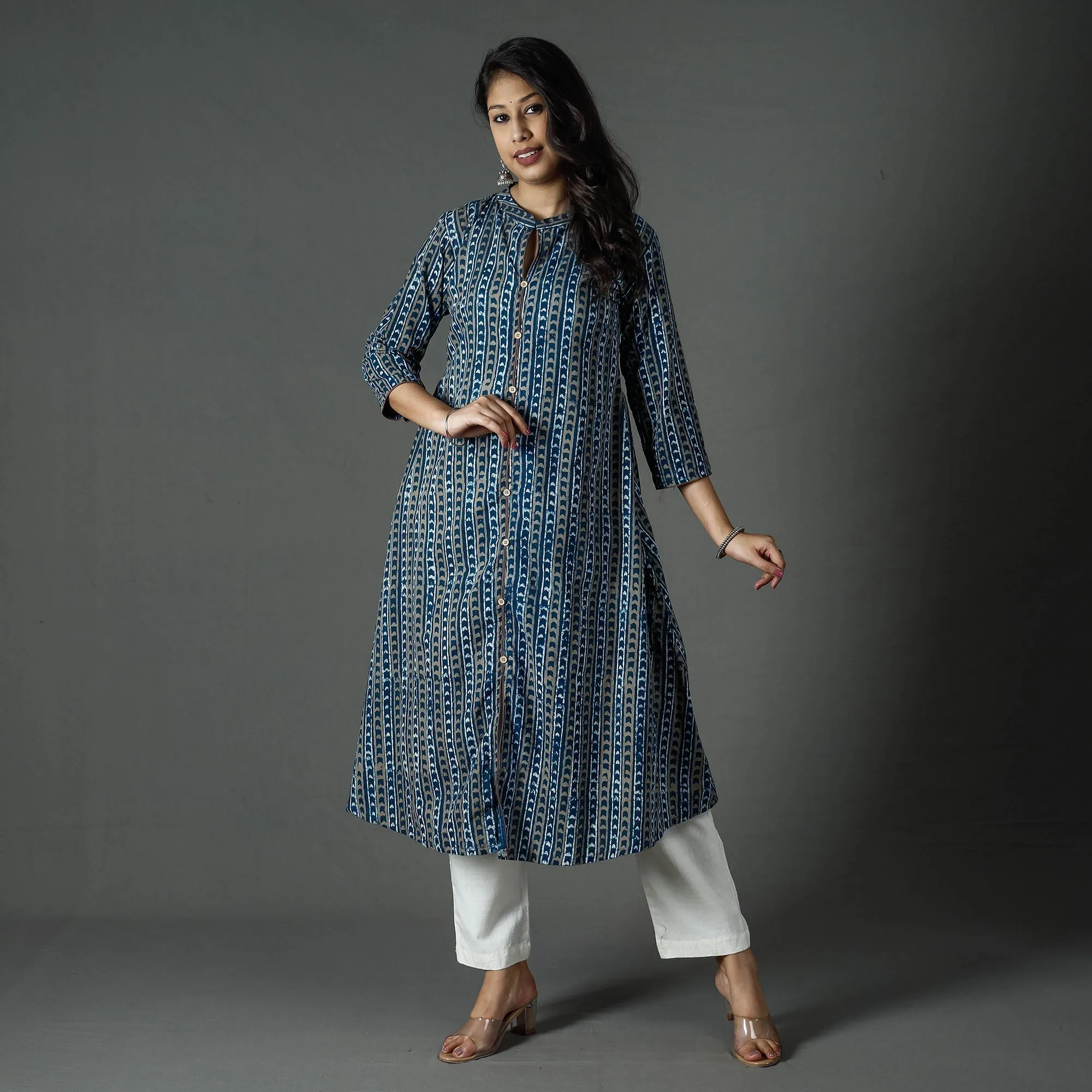 Blue - Pipad Block Printed Cotton Long Kurta sold by Itokri product image thumbnail 3
