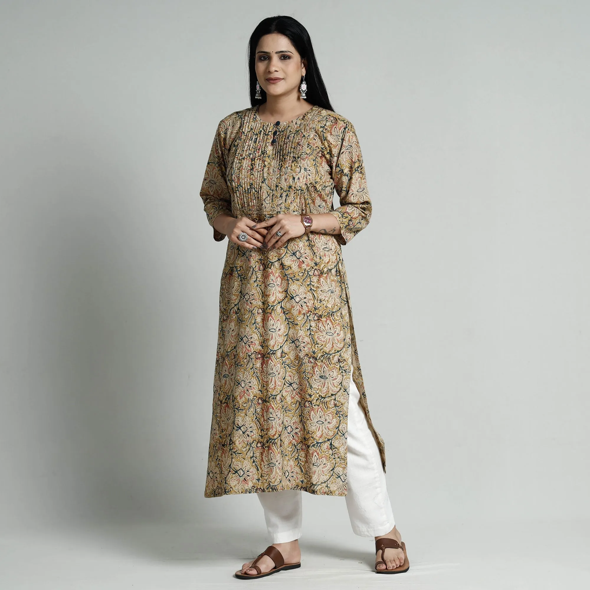 Beige - Kalamkari Hand Block Printed Cotton Long Kurta sold by Itokri product image thumbnail 3