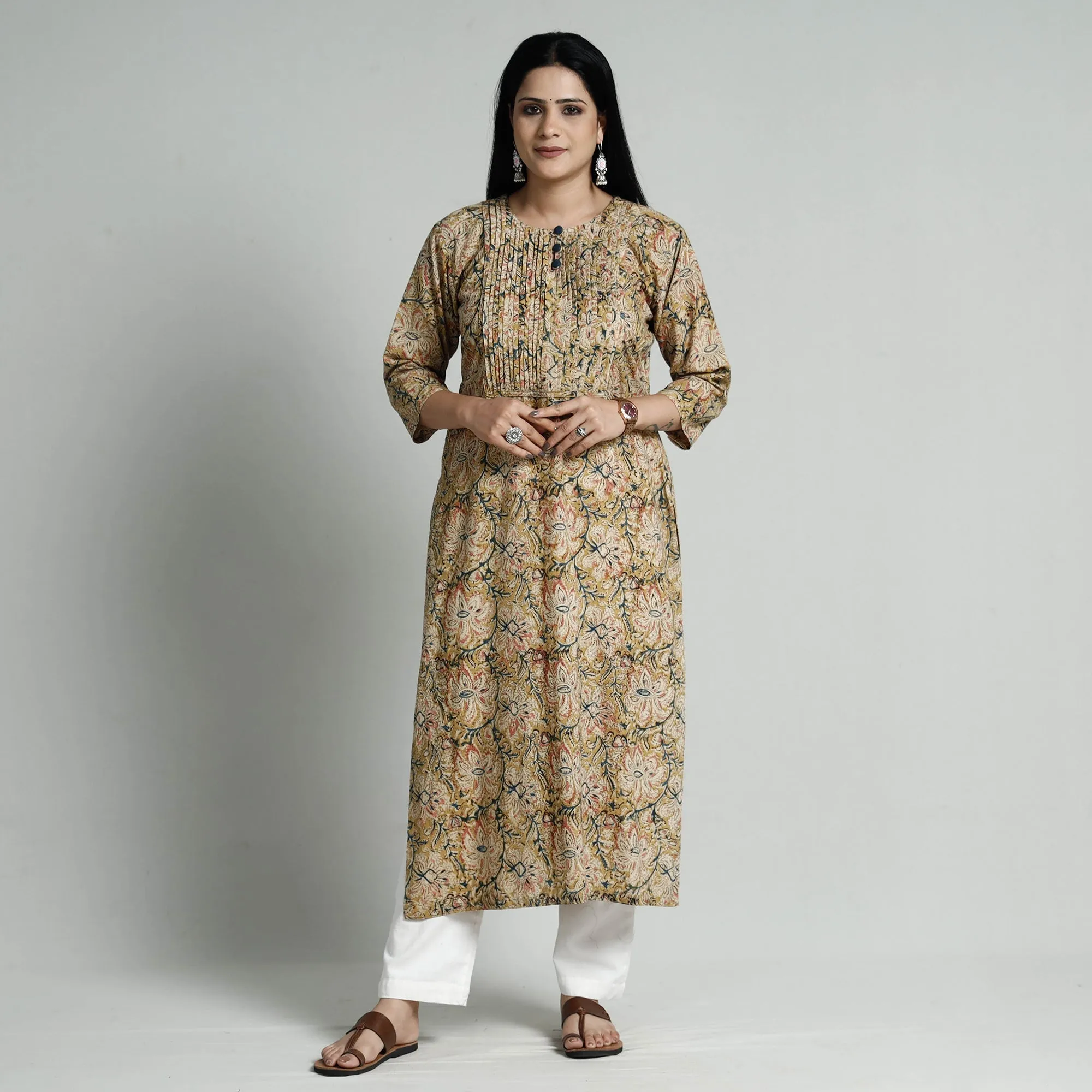 Beige - Kalamkari Hand Block Printed Cotton Long Kurta sold by Itokri product image thumbnail 2