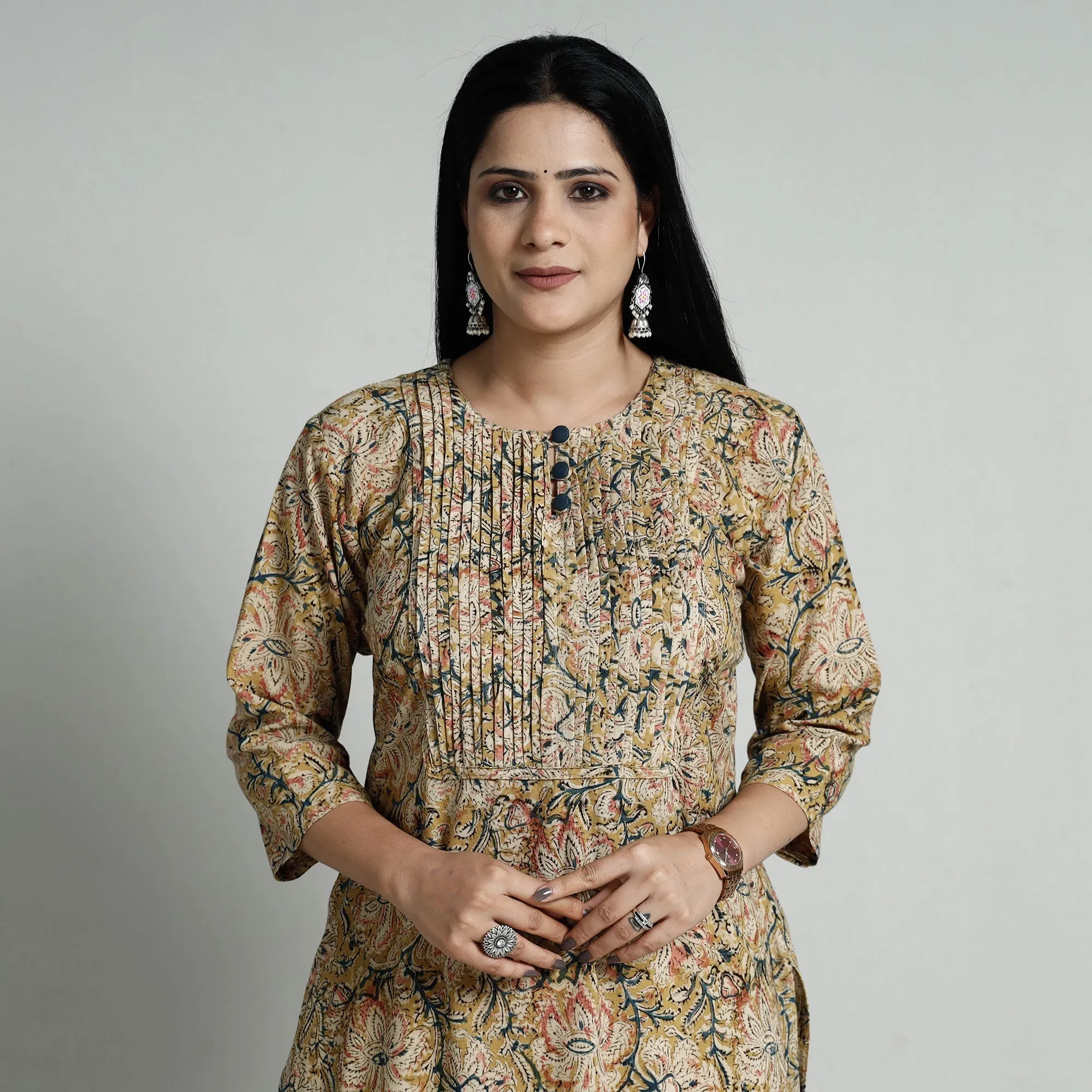 Beige - Kalamkari Hand Block Printed Cotton Long Kurta sold by Itokri