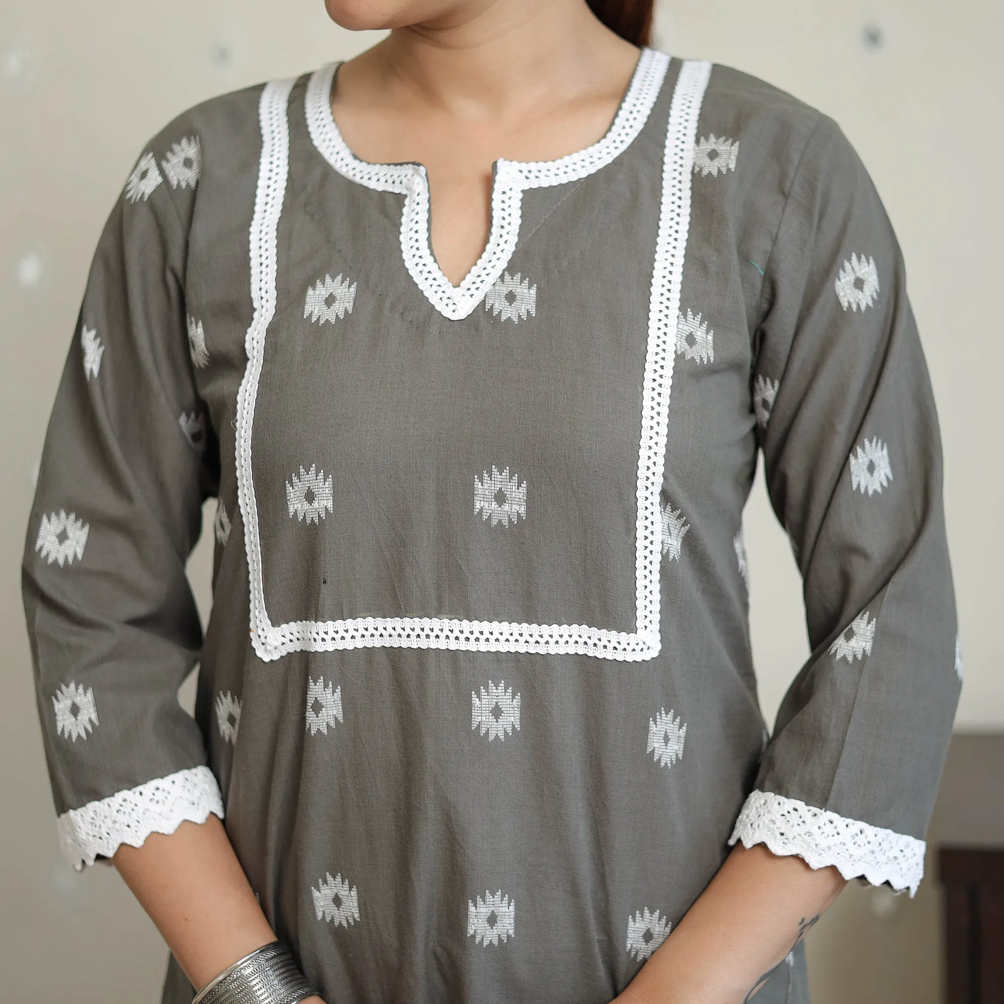 Grey - Jacquard Cotton Straight Kurta with Lace Work 28 sold by Itokri product image thumbnail 5