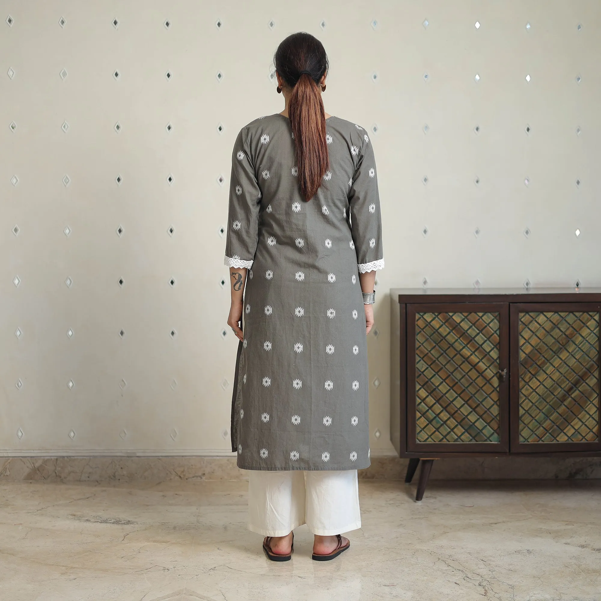 Grey - Jacquard Cotton Straight Kurta with Lace Work 28 sold by Itokri product image thumbnail 4