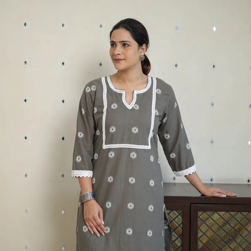 Grey - Jacquard Cotton Straight Kurta with Lace Work 28 made by Itokri