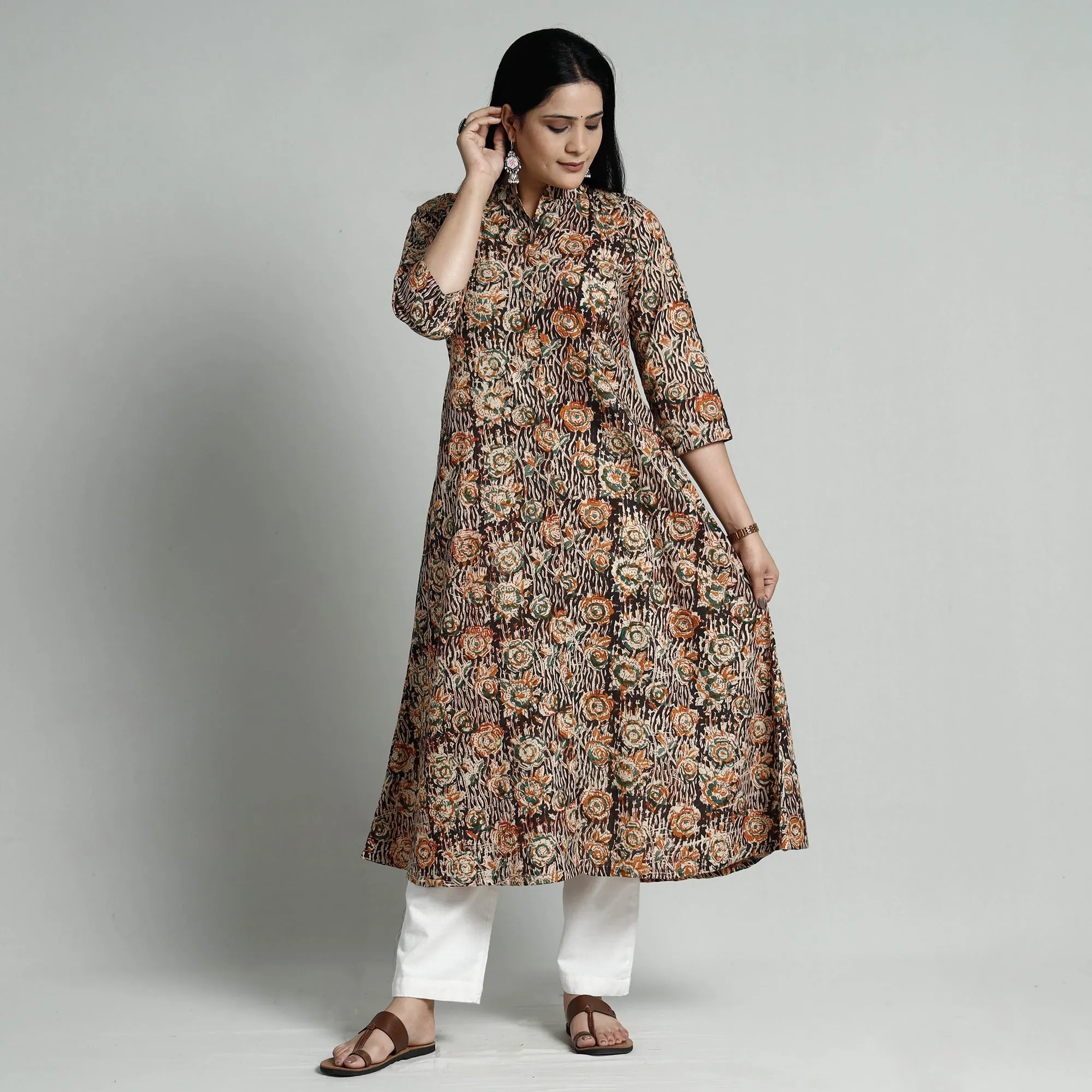 Black - Kalamkari Hand Block Printed Cotton Long A-Line Kurta sold by Itokri product image thumbnail 4