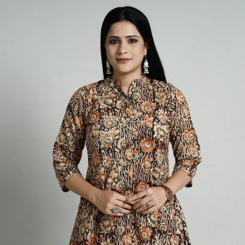 Black - Kalamkari Hand Block Printed Cotton Long A-Line Kurta made by Itokri