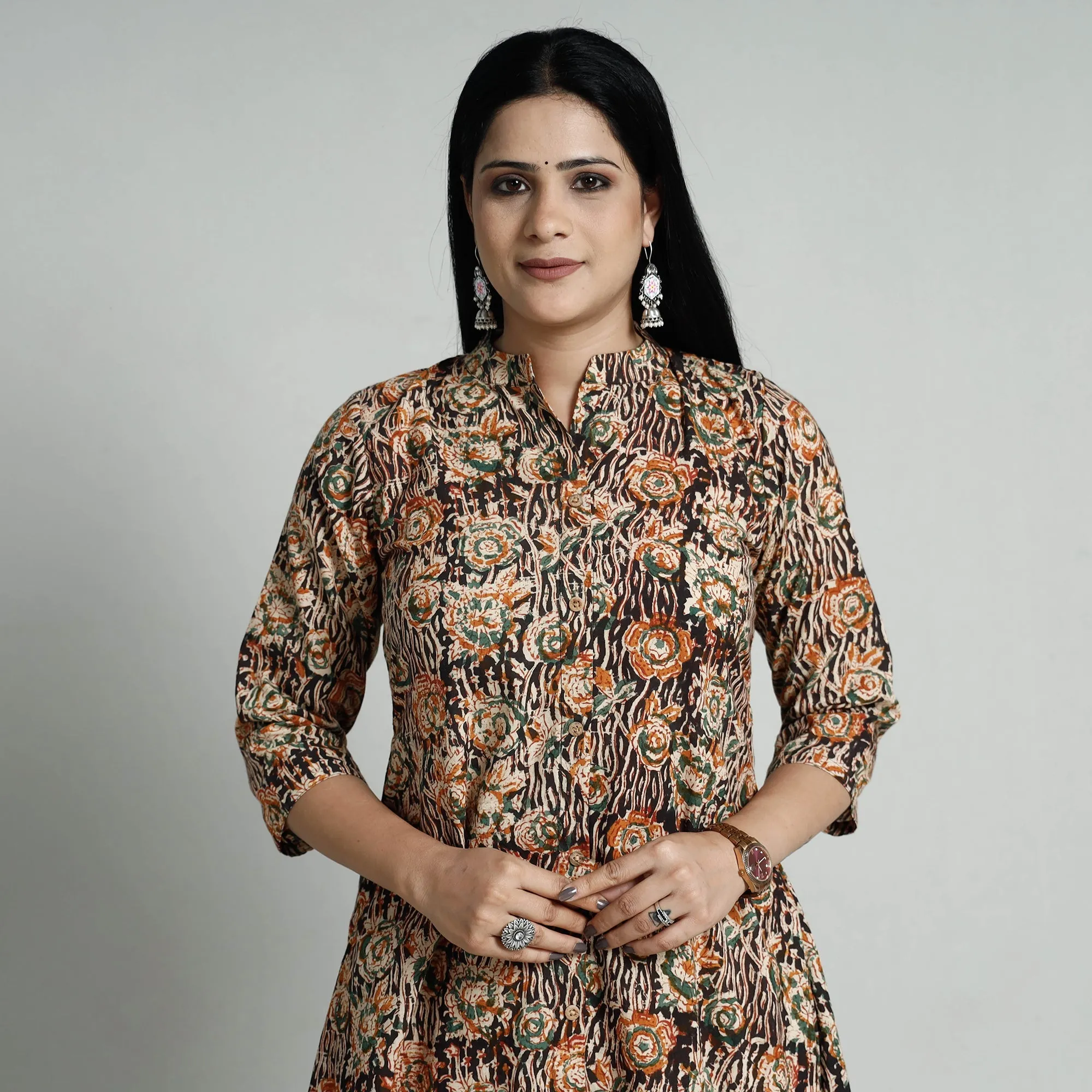 Black - Kalamkari Hand Block Printed Cotton Long A-Line Kurta sold by Itokri