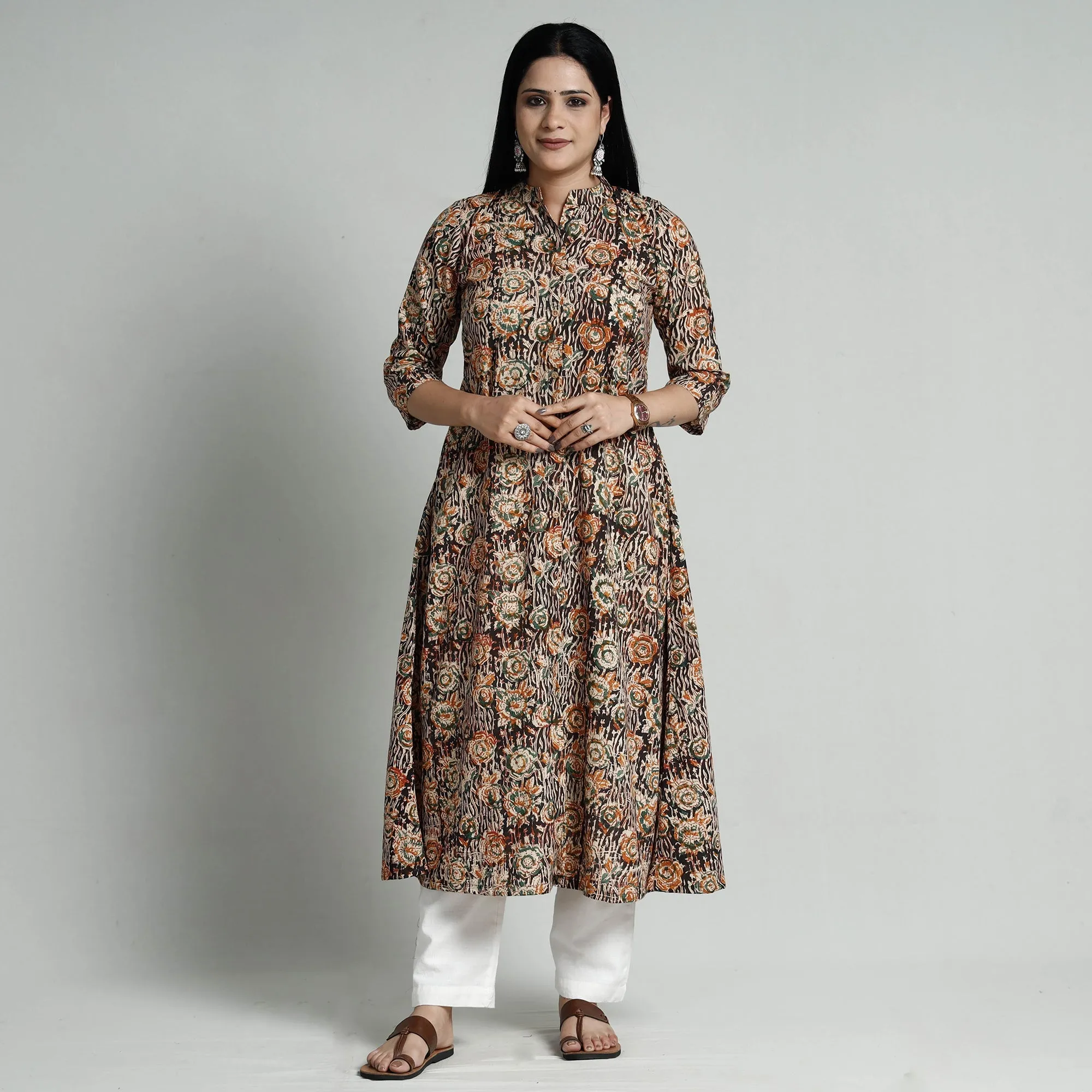 Black - Kalamkari Hand Block Printed Cotton Long A-Line Kurta sold by Itokri product image thumbnail 2