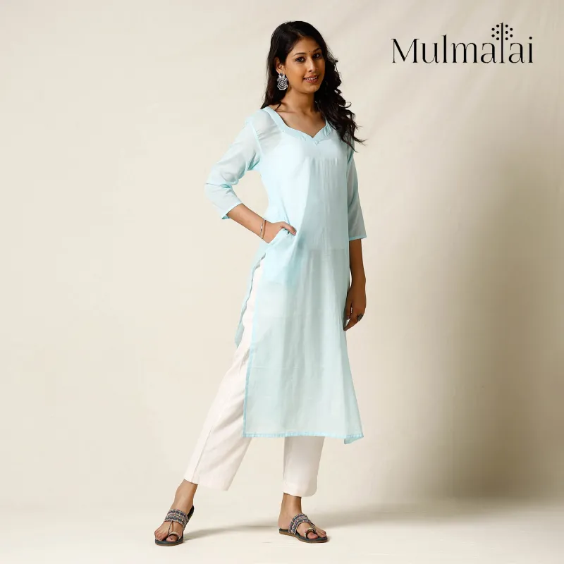 Light Turquoise Blue - Mulmalai Cotton Plain Dyed Long Straight Kurta sold by Itokri