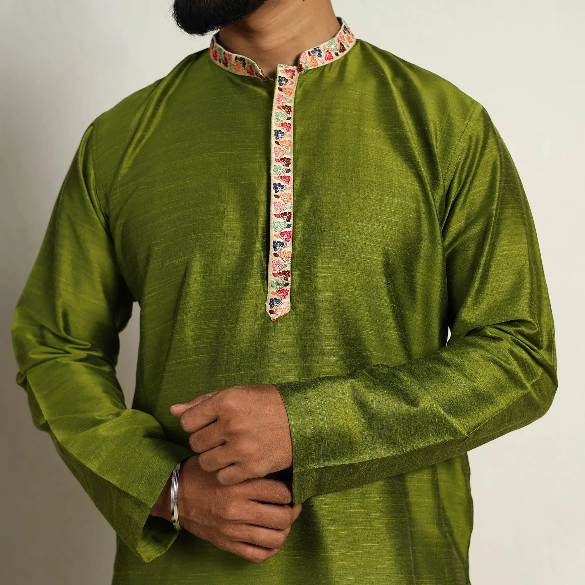 Avacado Green - Slub Silk Kurta for Men with Embellished Neckline Work 11 sold by Itokri product image thumbnail 4