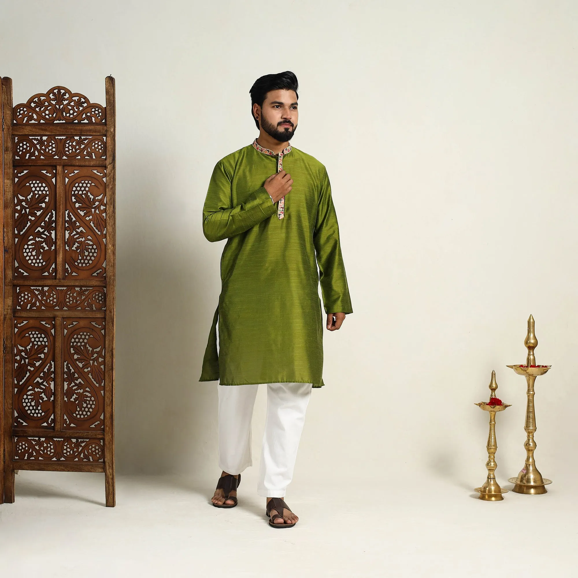 Avacado Green - Slub Silk Kurta for Men with Embellished Neckline Work 11 sold by Itokri