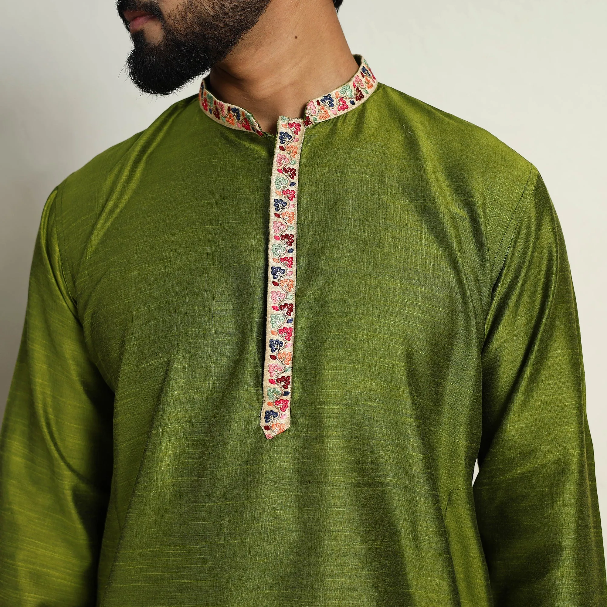 Avacado Green - Slub Silk Kurta for Men with Embellished Neckline Work 11 sold by Itokri product image thumbnail 3