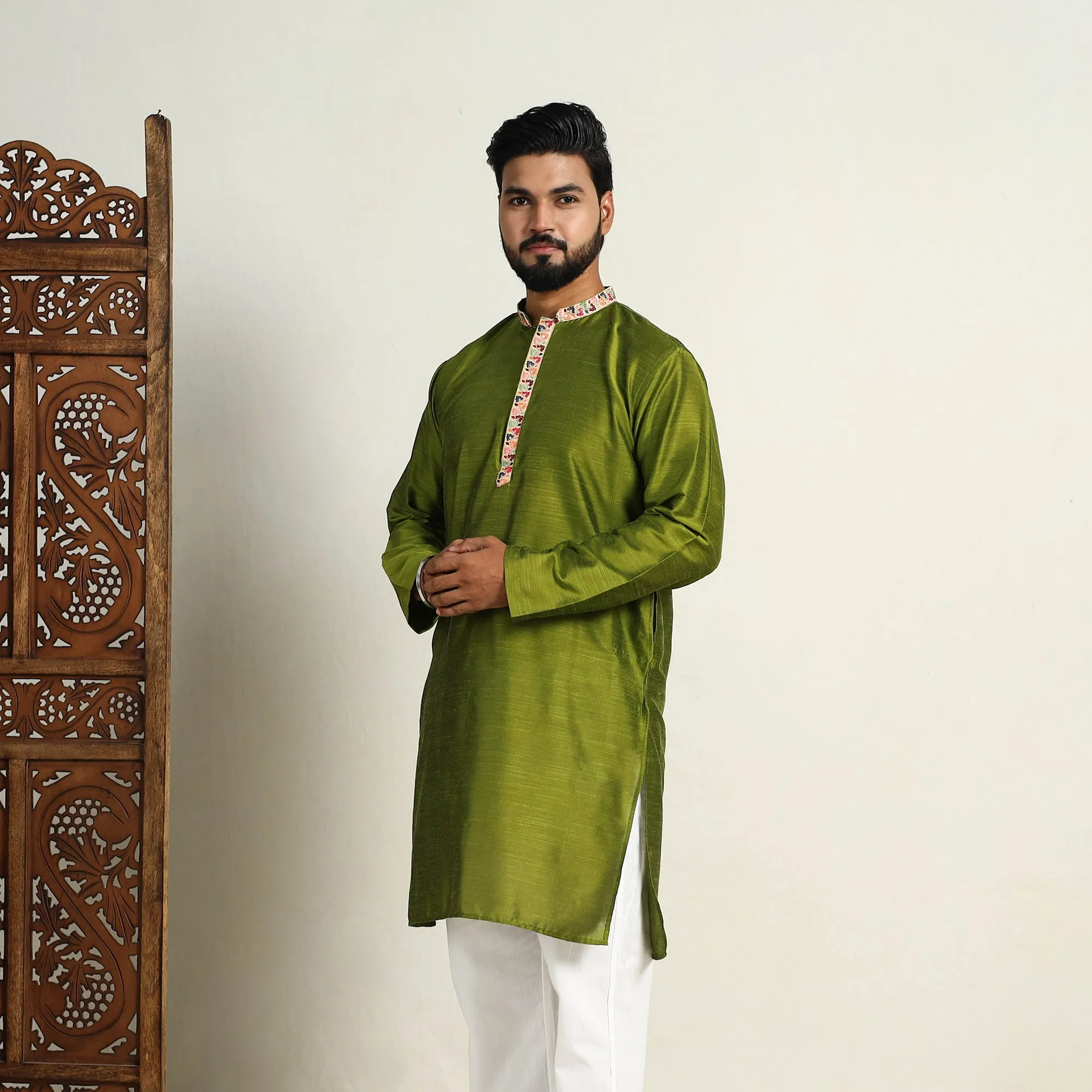 Avacado Green - Slub Silk Kurta for Men with Embellished Neckline Work 11 sold by Itokri product image thumbnail 2