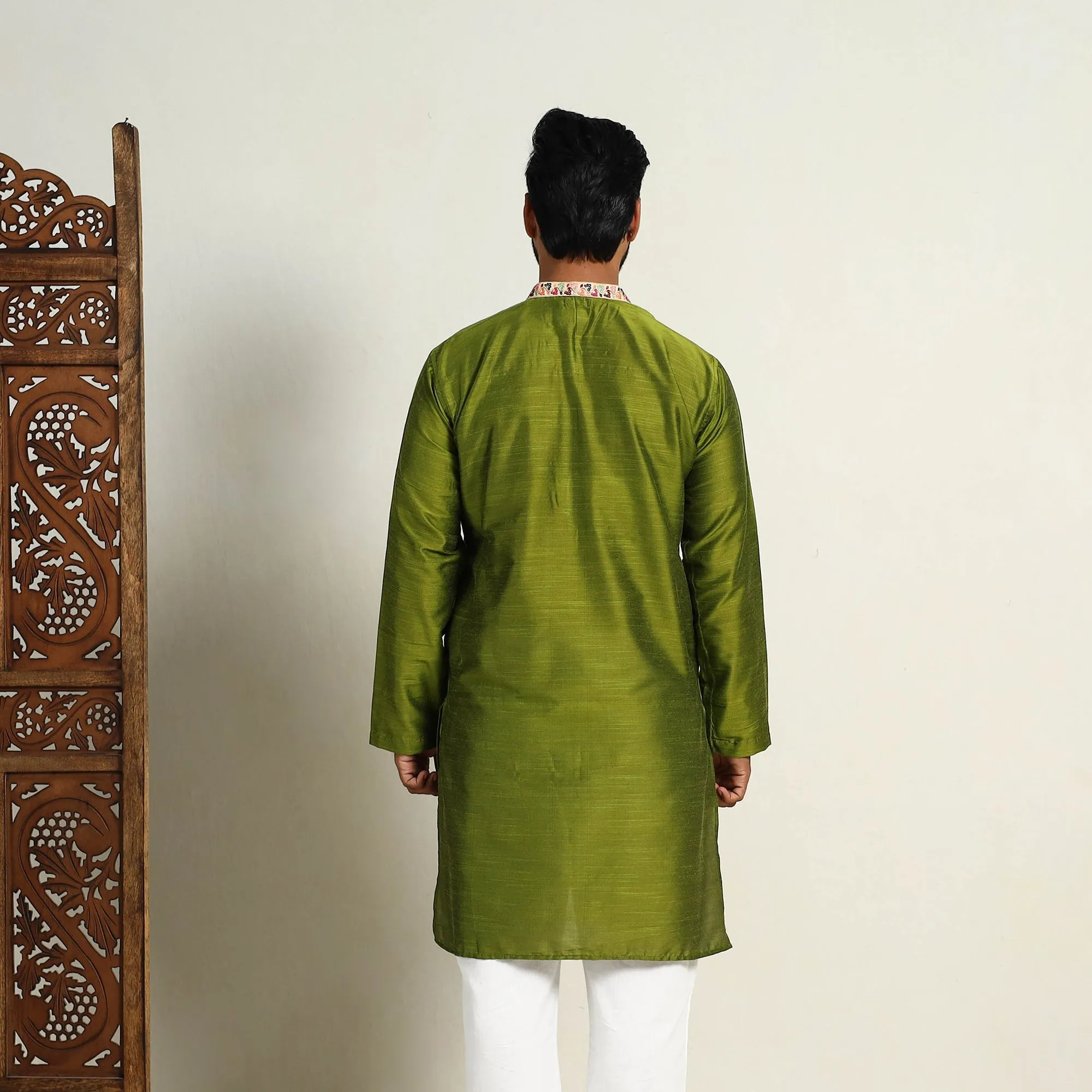 Avacado Green - Slub Silk Kurta for Men with Embellished Neckline Work 11 sold by Itokri product image thumbnail 5