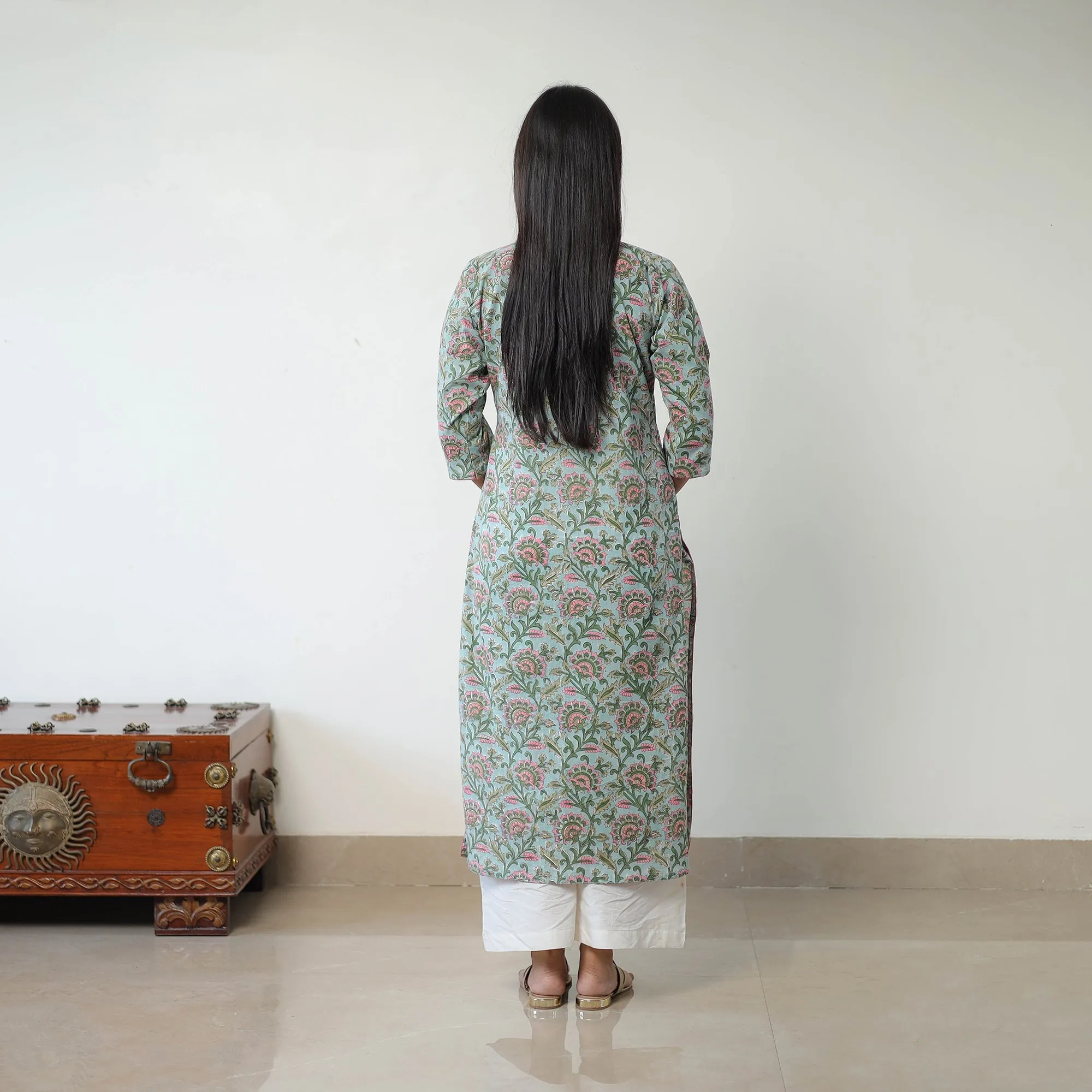 Blue - Sanganeri Block Printed Cotton Long Straight Kurta sold by Itokri product image thumbnail 5