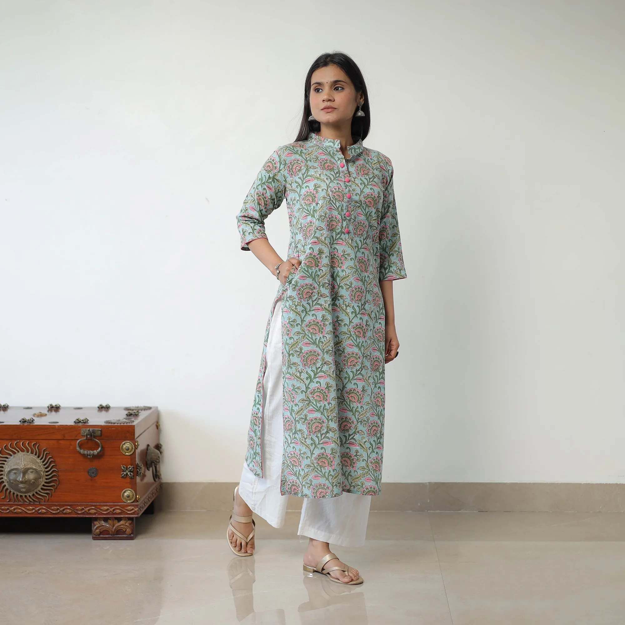 Blue - Sanganeri Block Printed Cotton Long Straight Kurta sold by Itokri product image thumbnail 3
