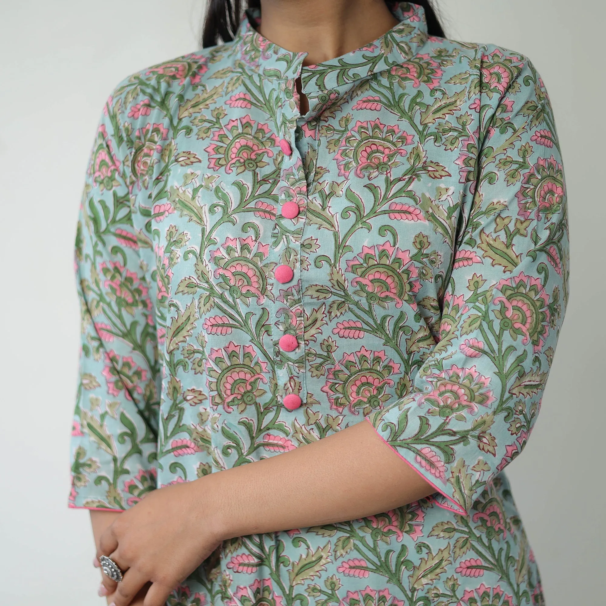 Blue - Sanganeri Block Printed Cotton Long Straight Kurta sold by Itokri product image thumbnail 4