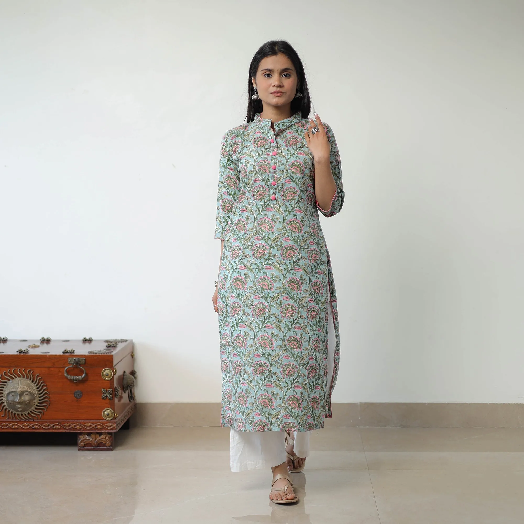 Blue - Sanganeri Block Printed Cotton Long Straight Kurta sold by Itokri product image thumbnail 2