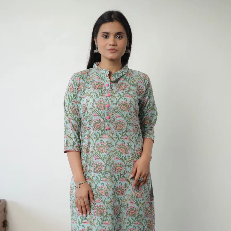 Blue - Sanganeri Block Printed Cotton Long Straight Kurta made by Itokri